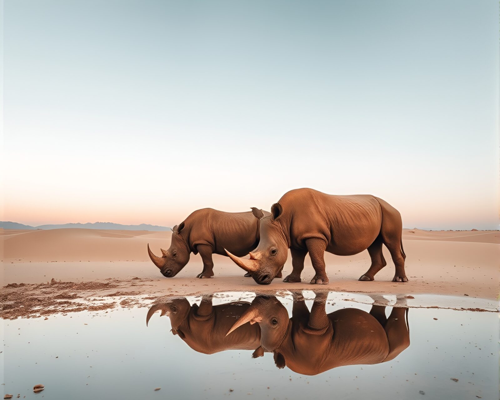 Ethereal image showing a mirrored rhinoceros in golden desert tones
