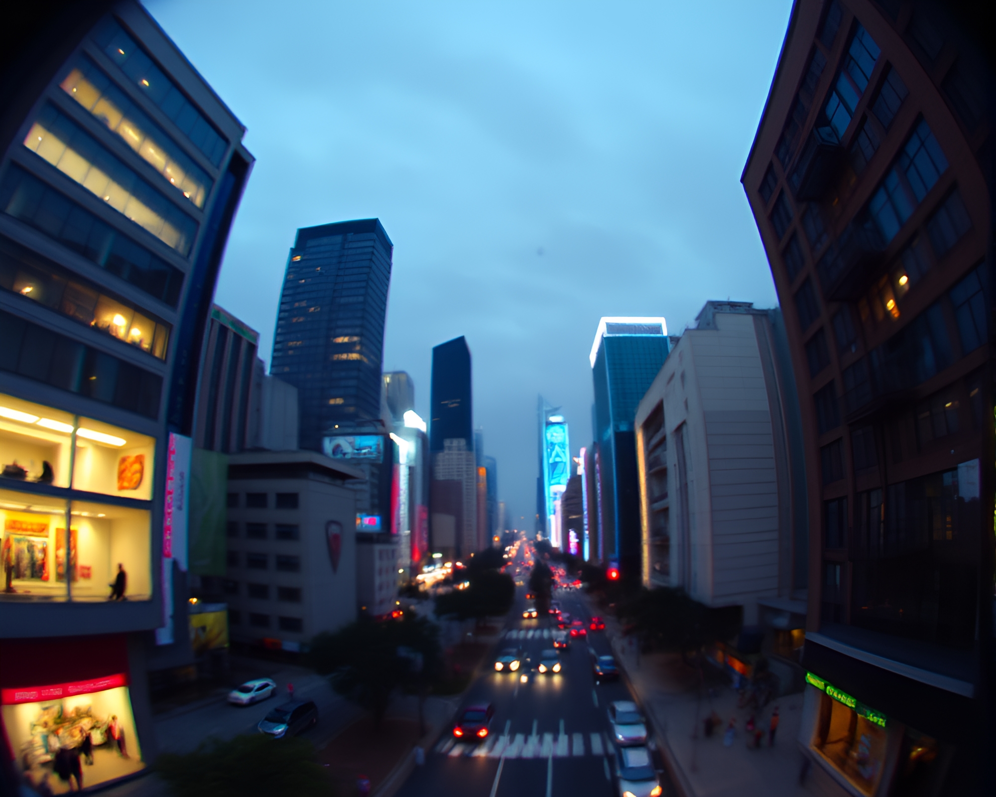 Virtual Cityscape Through Fisheye Lens: Sgraffito Art Style – free AI stock image