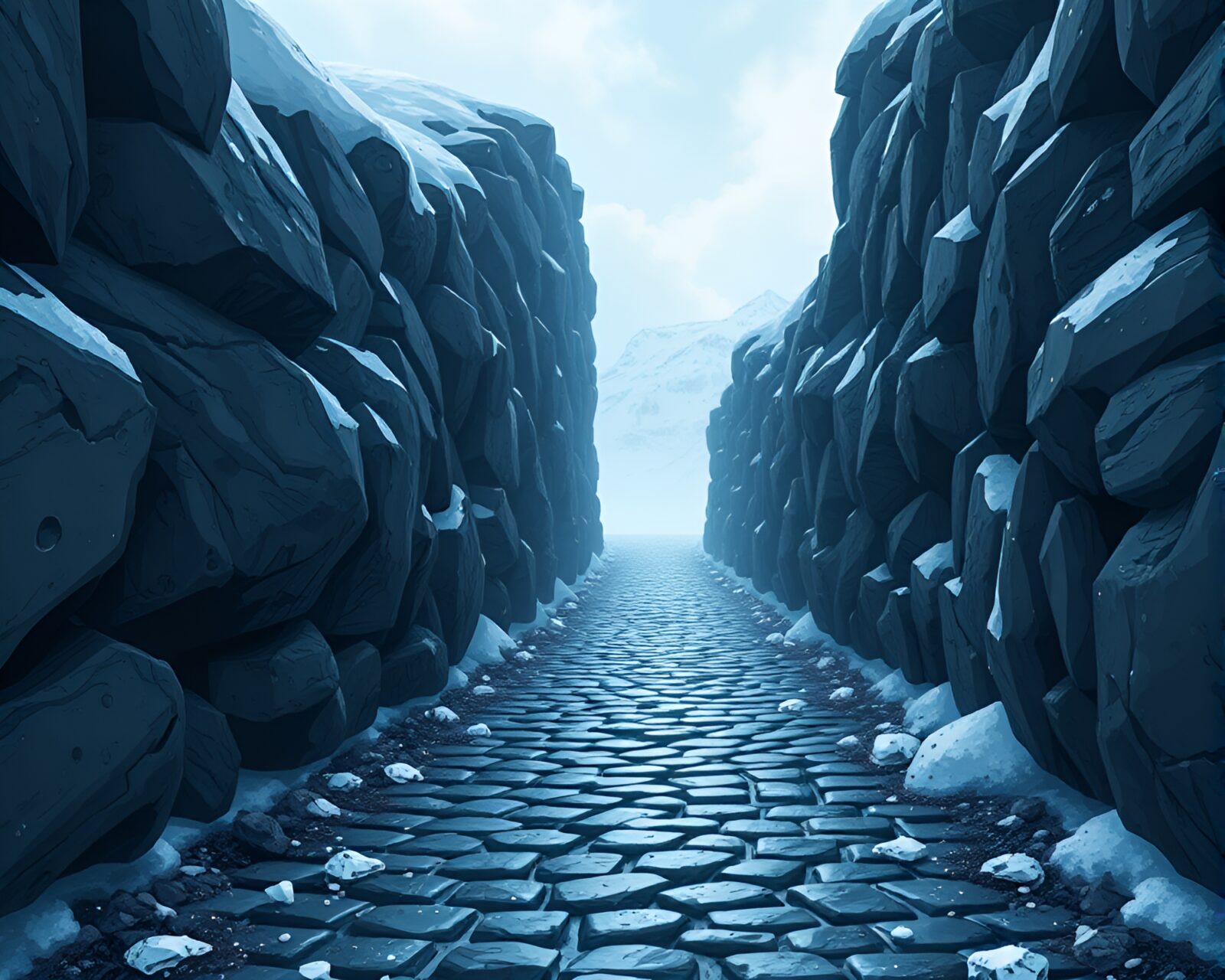 Anime style character wearing gravity boots walking on snowy cobblestone path