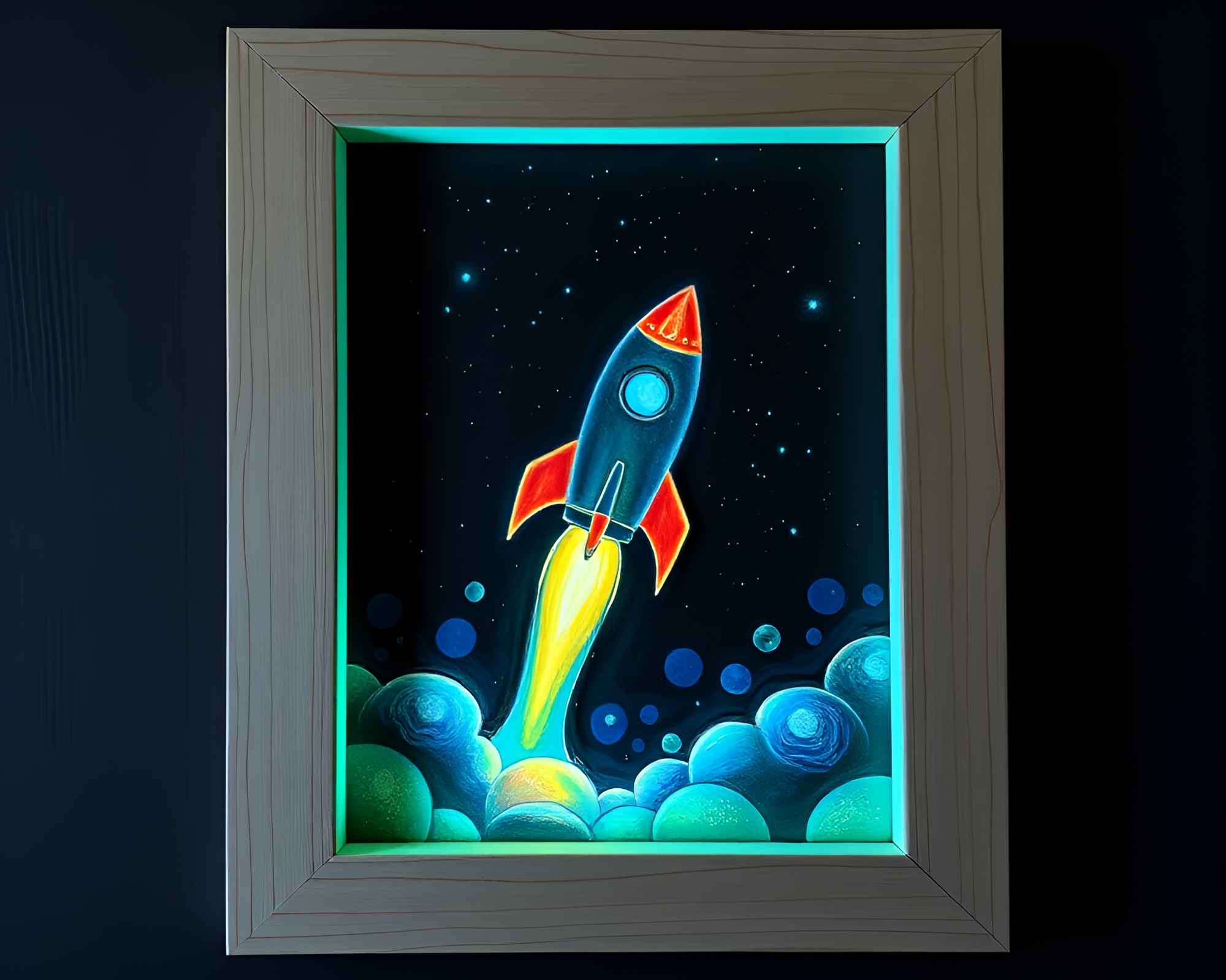 Enchanted Rocket: Glow-in-the-Dark Tempra Painting – free AI stock image