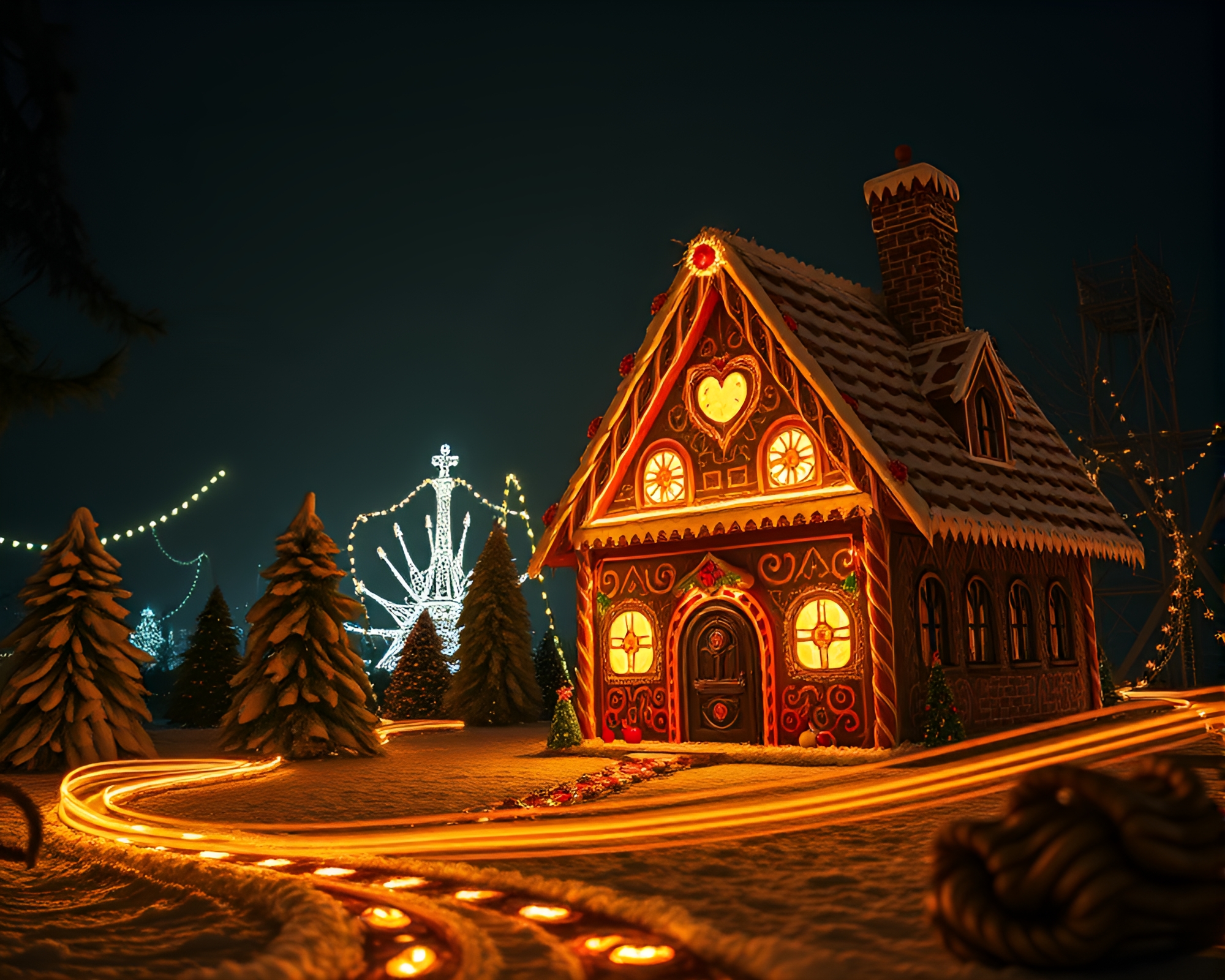 Gingerbread House Illuminated by Torchlight in Dystopian World – free AI stock image