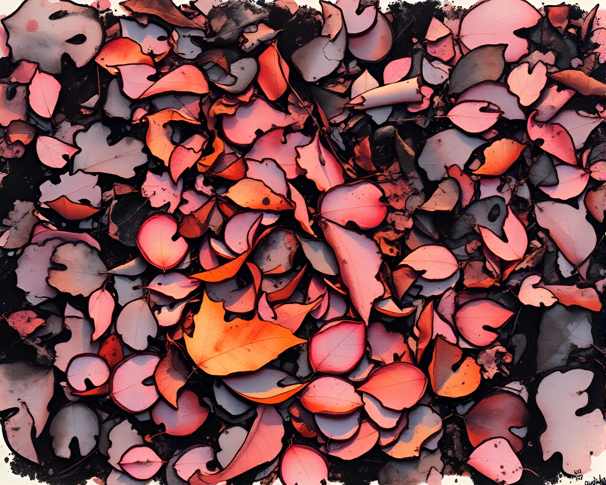 Sunrise Ink Calligraphy on Leaf Litter Fresco – free AI stock image