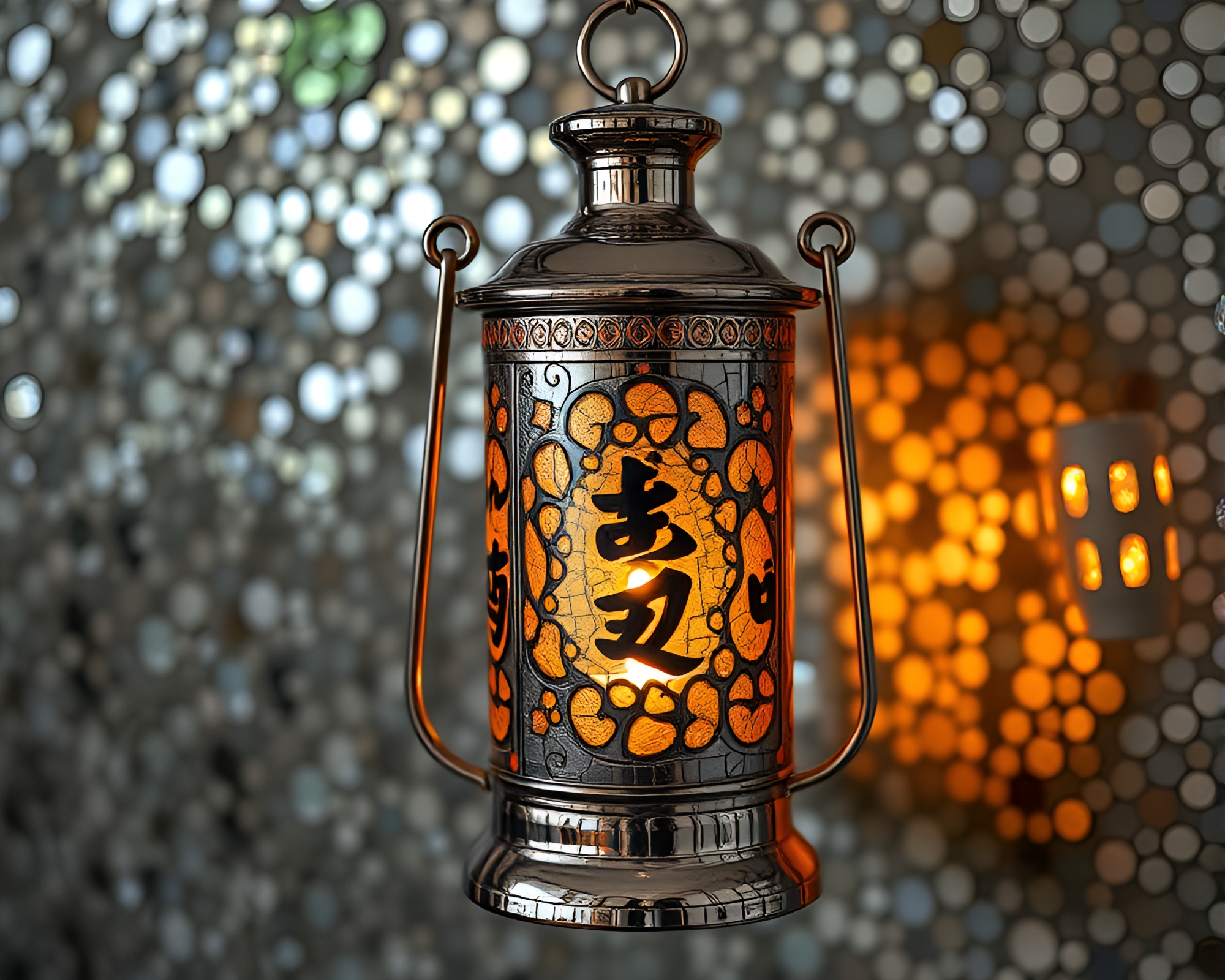 Ethereal Calligraphy in Chrome Reflection with Oil Lantern – free AI stock image