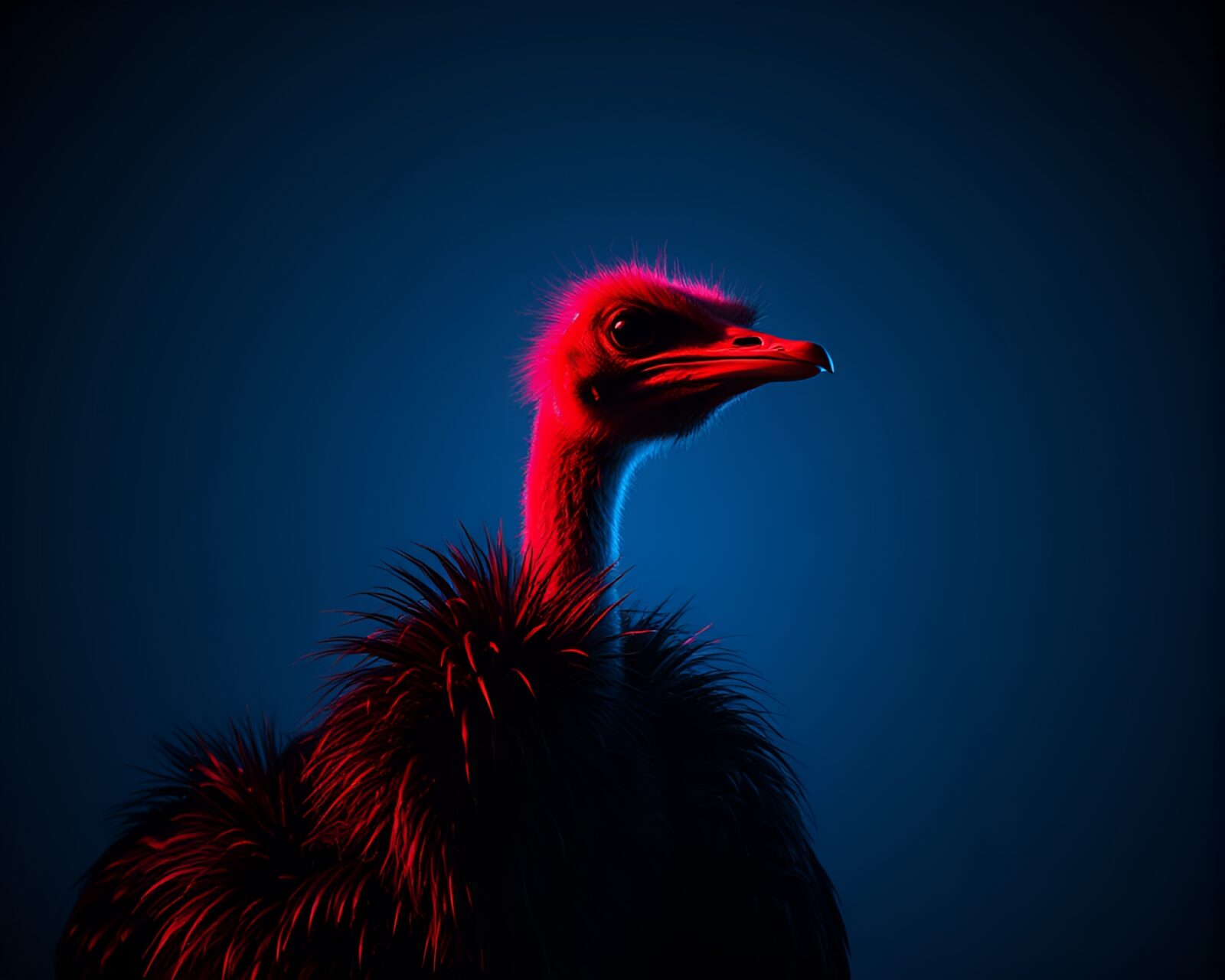 A dynamic angle shot of an ostrich in vibrant duotone colors