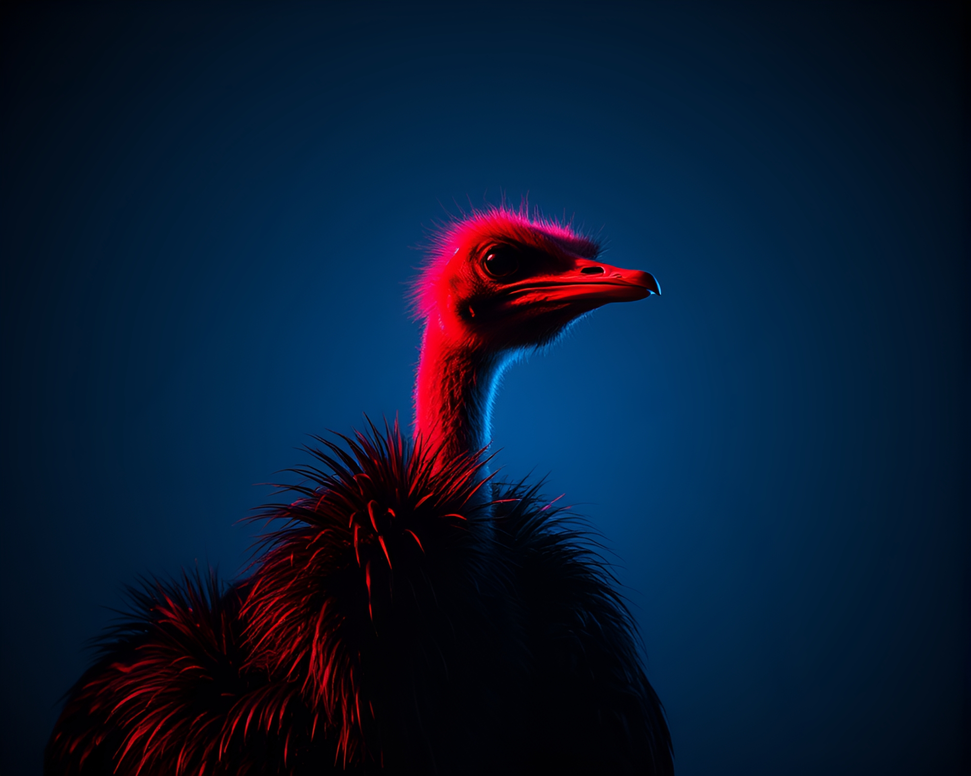 Majestic Ostrich in Red-Blue Duotone Light Painting – free AI stock image