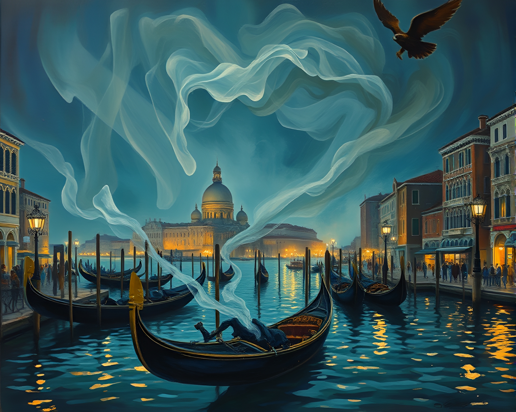 Mystical Venetian Gondola in Night Smoke Swirls – free AI stock image