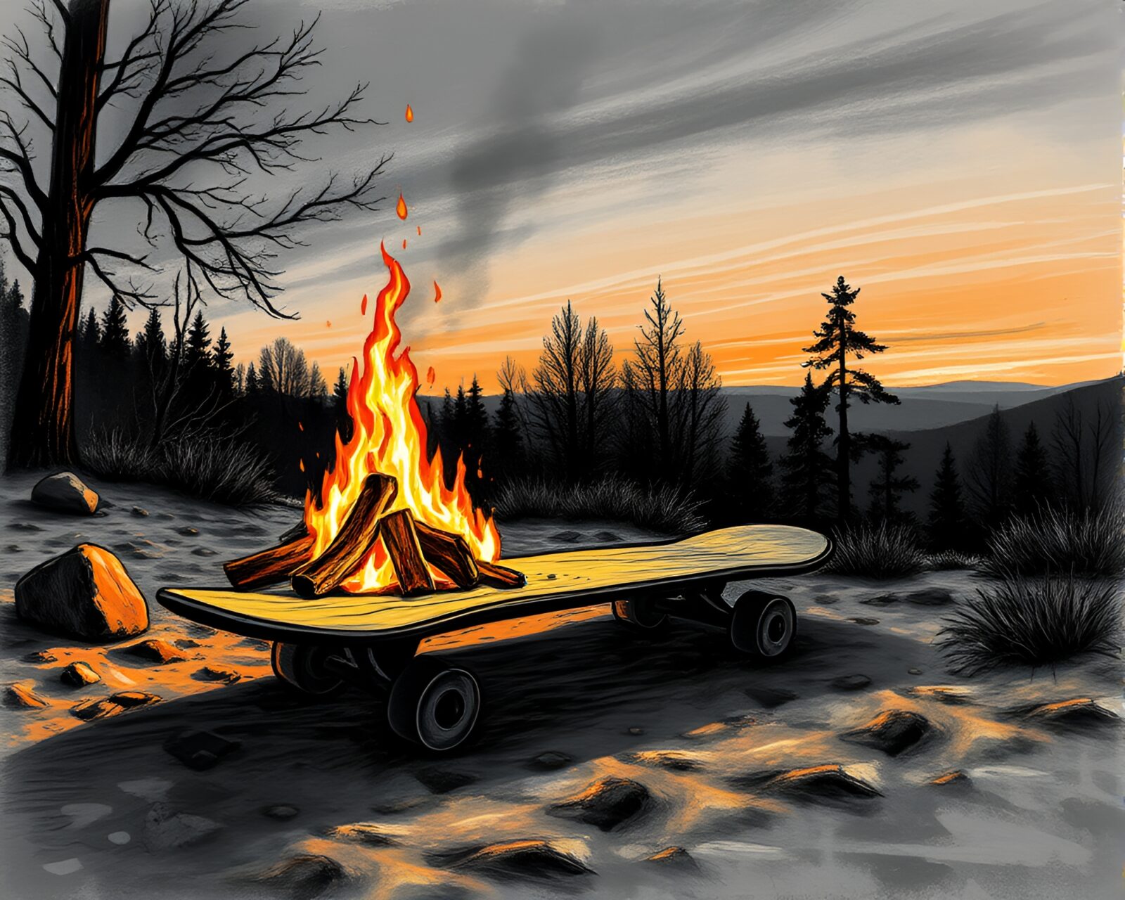 A skateboarder by a warm bonfire in a charcoal style