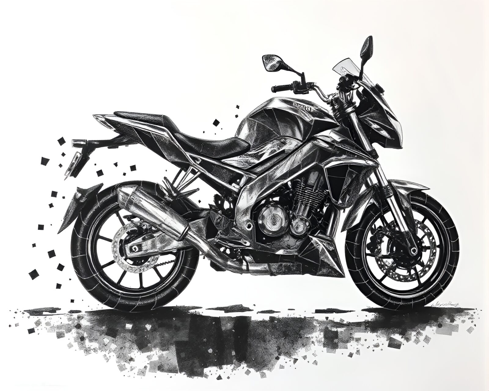 Detailed écorché study of broken motorcycle mosaic fragments