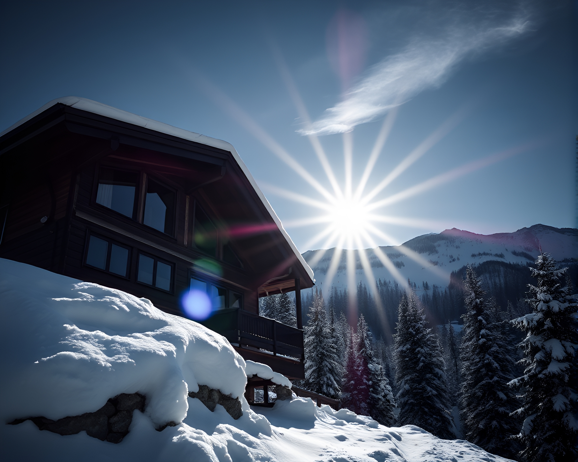 Alpine Chalet Bathed in Jewel-Toned Sunlight – free AI stock image