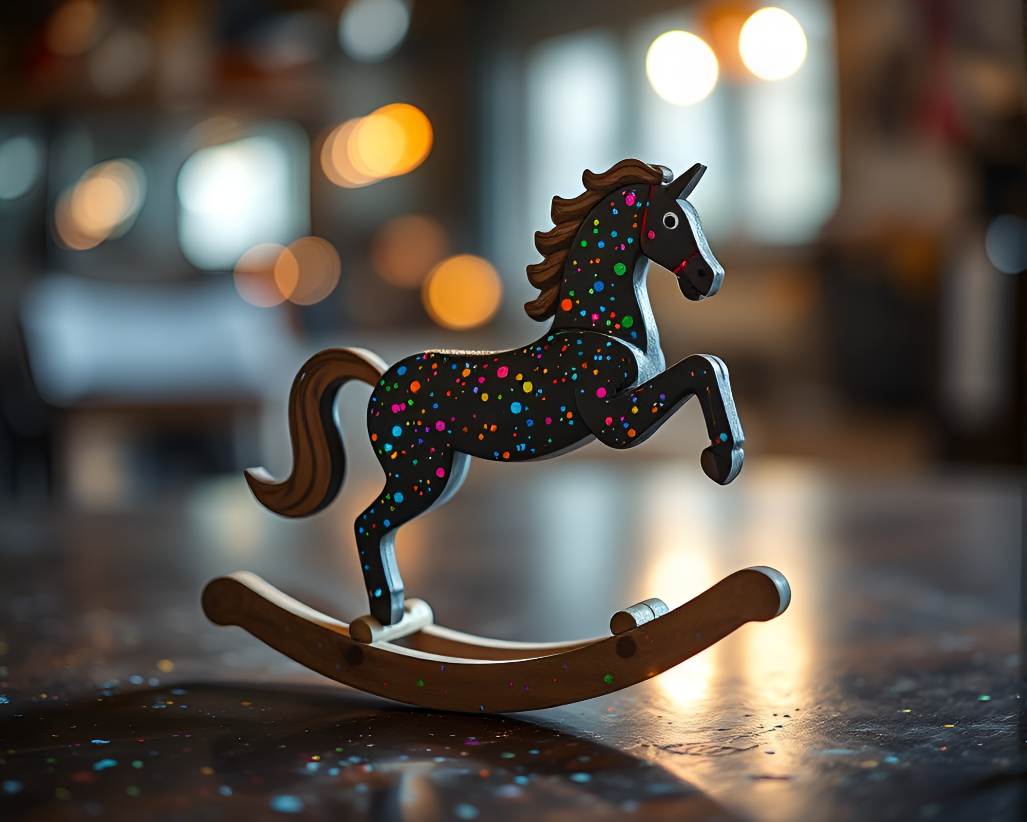 Holographic Wooden Rocking Horse Paint Splatter Fantasy – free AI stock image