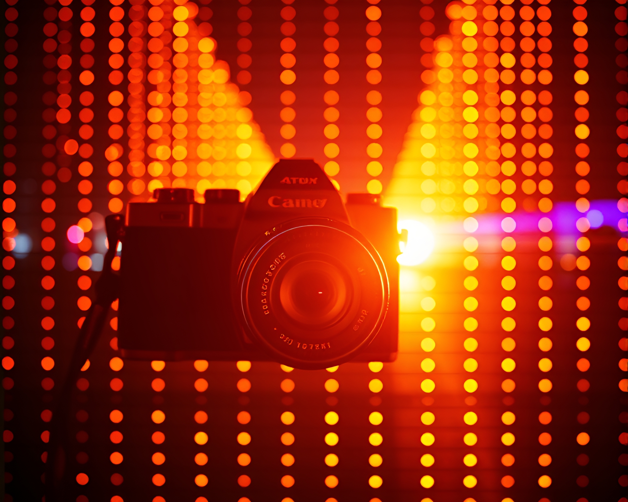 LED Pixel Grid Camera Op Art Golden Hour Glow – free AI stock image