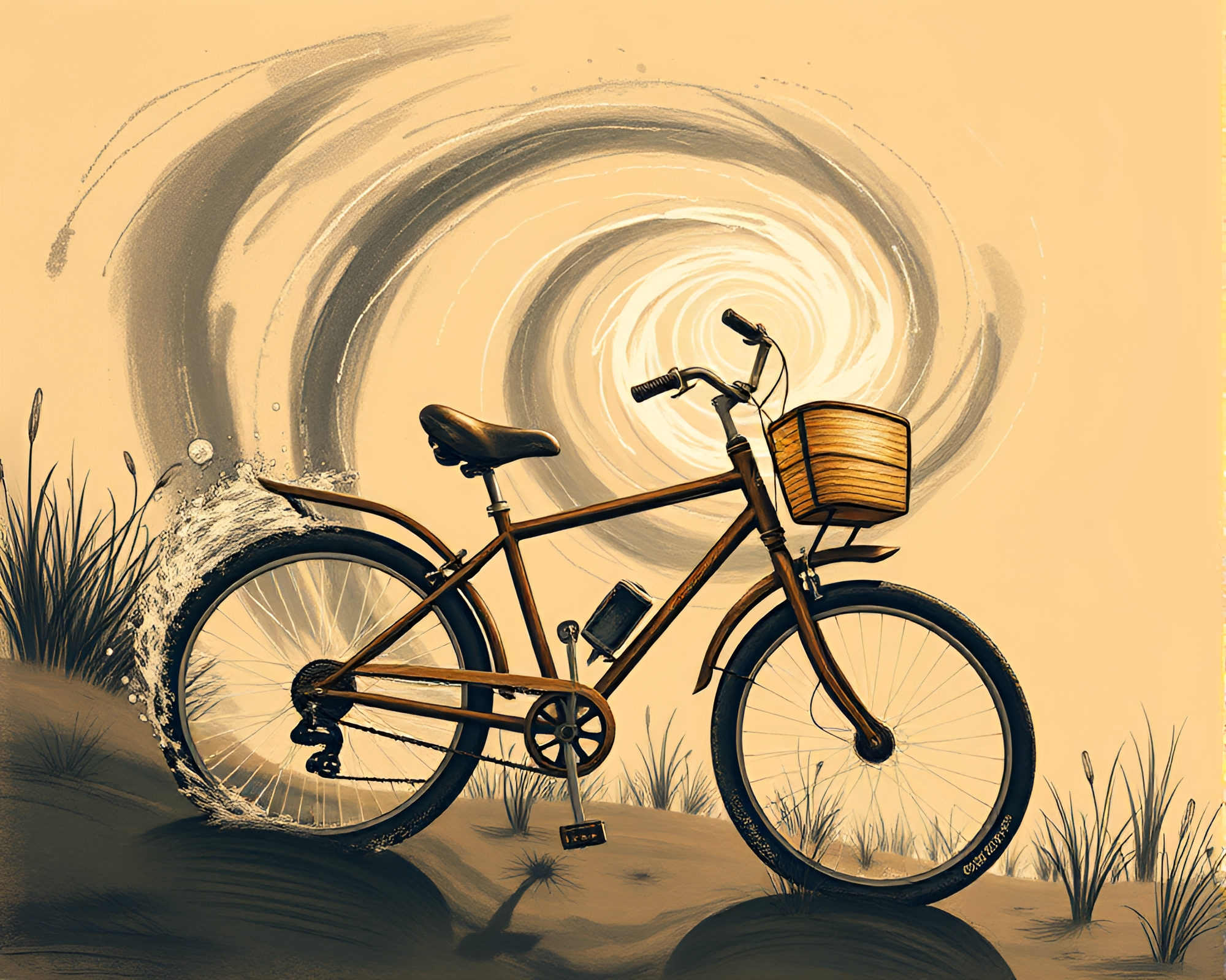 Solar-Powered Bike Riding Through Sepia Vortex Twist – free AI stock image