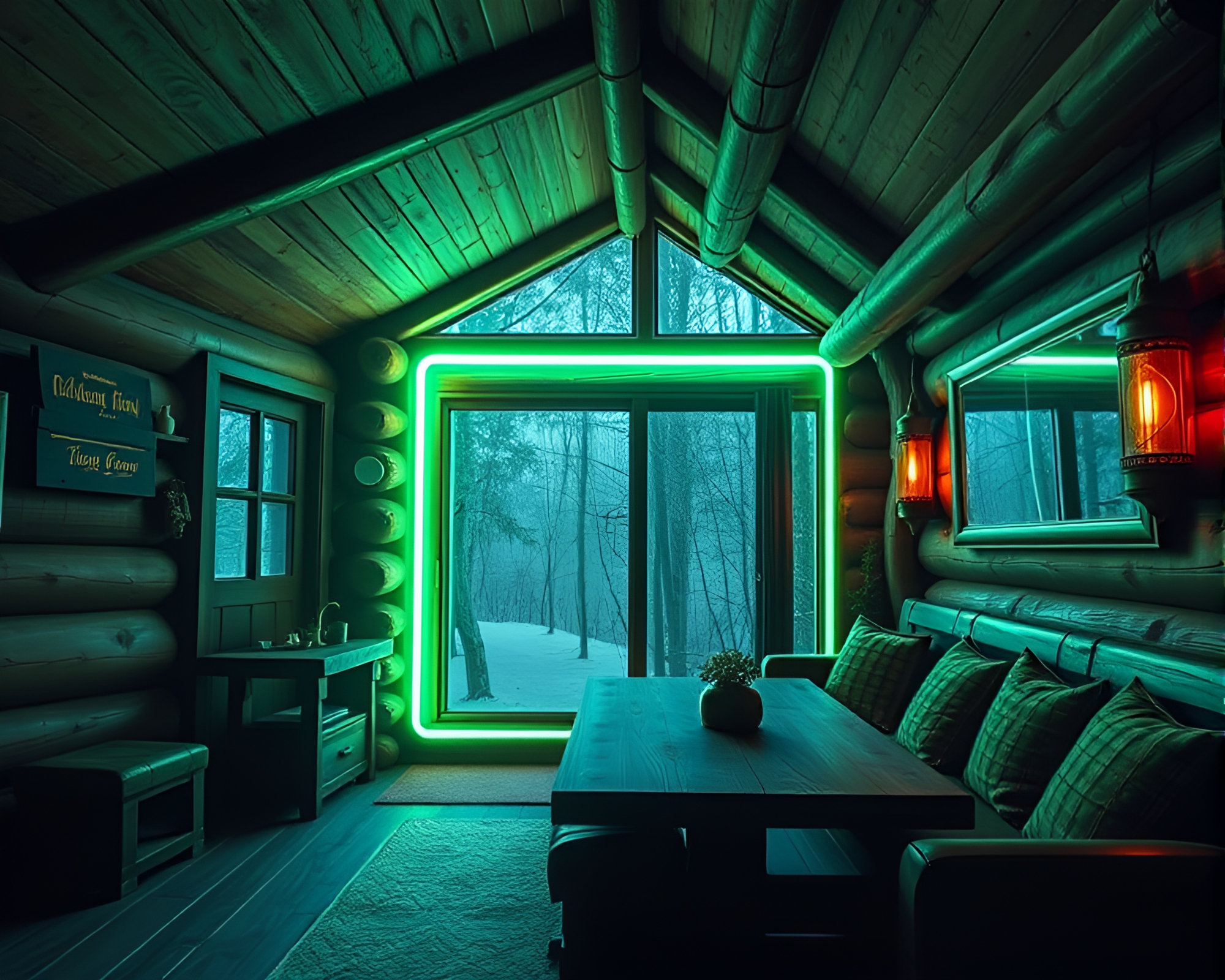 Emerald Glow in Modern Rustic Neon Cabin Art – free AI stock image