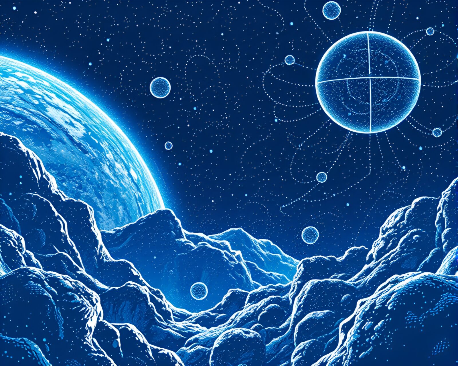Concept art of futuristic space habitat with intricate pointillist details