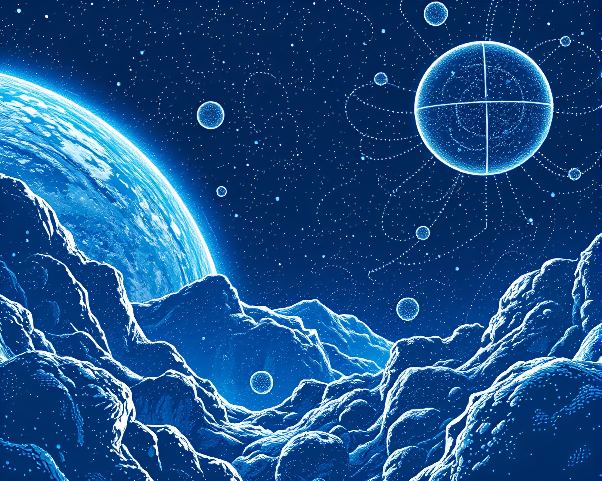 Space Habitat in Pointillist Dots and Cobalt Blue Accents – free AI stock image