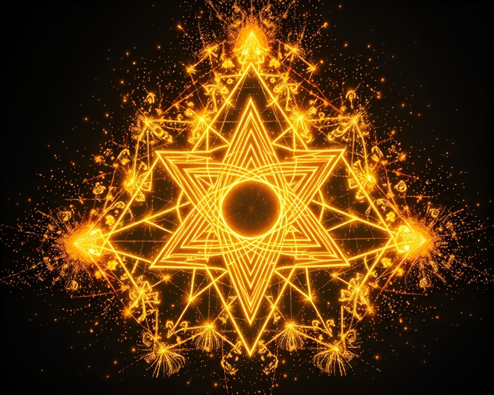 Colorful sacred geometry mural with dust motes in light