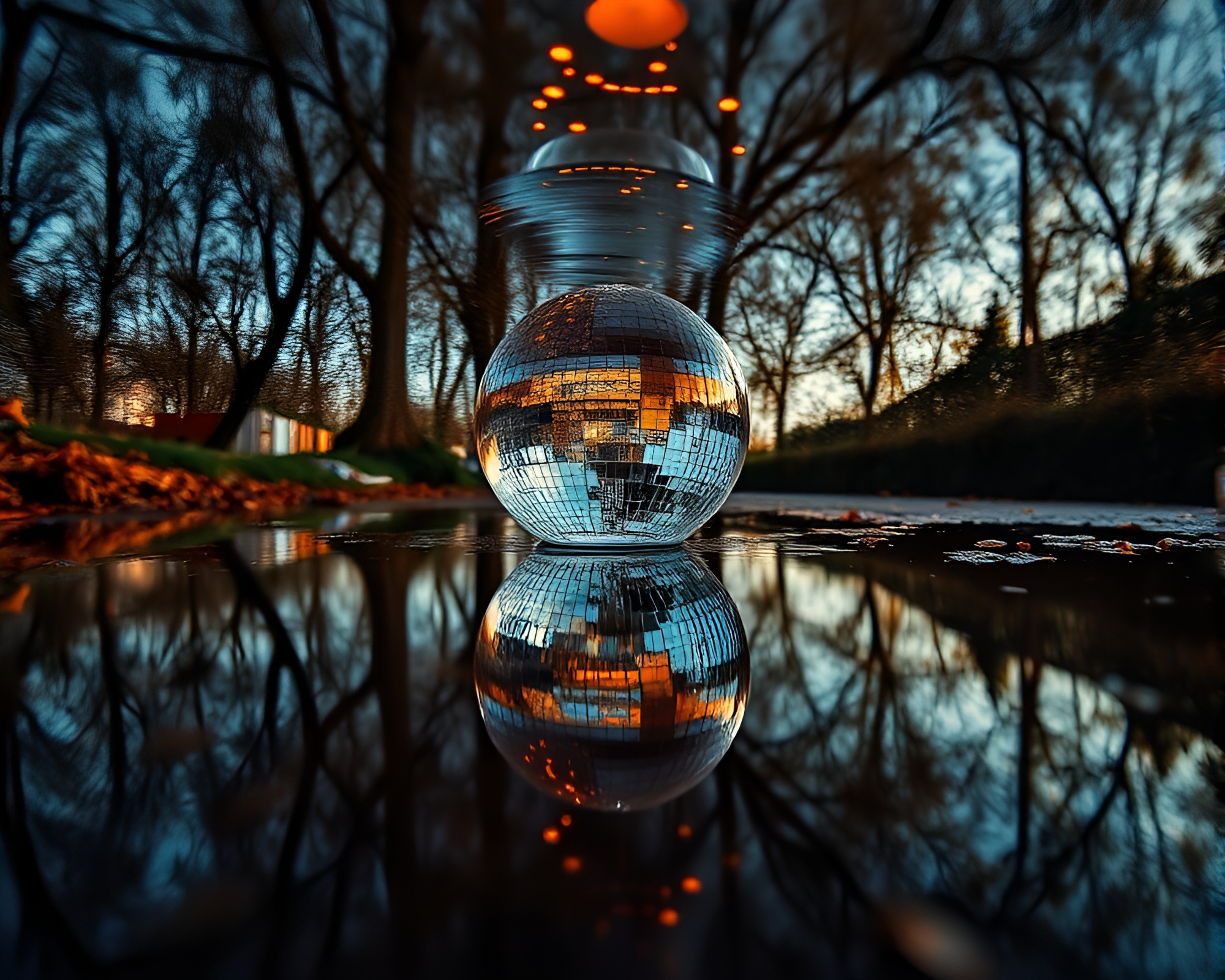 Puddle Reflection Time Vortex with Disco Ball Glimmer – free AI stock image