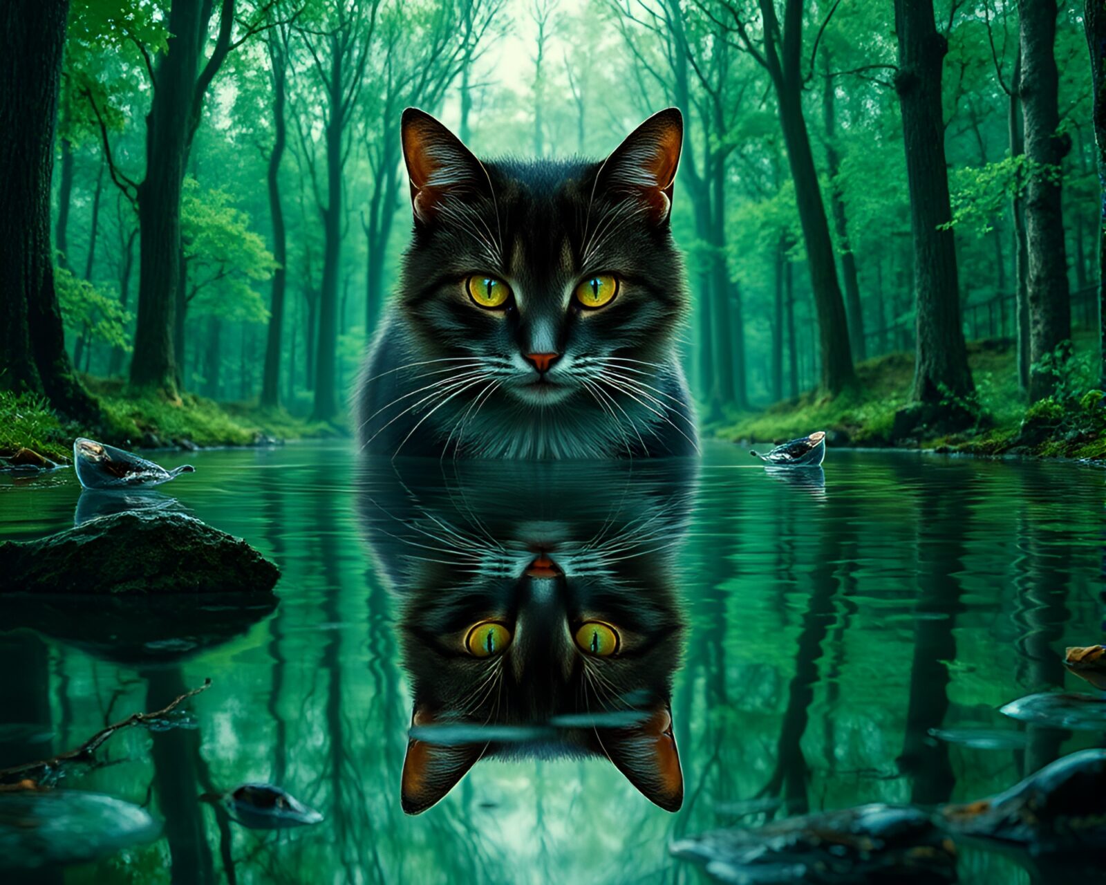 Enchanted green forest with water reflecting a whimsical cat