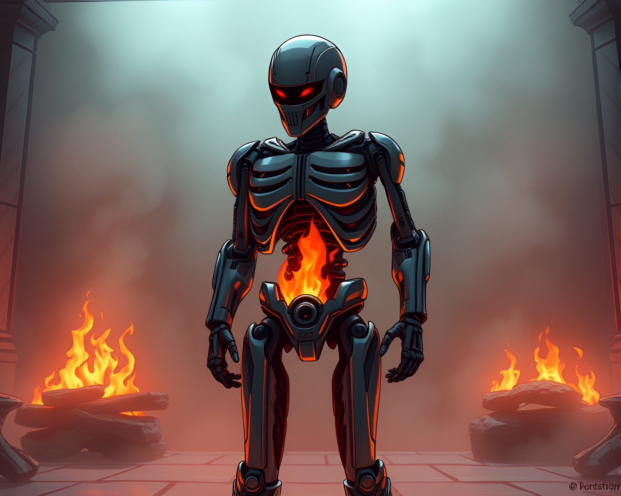 Exoskeleton Suit Framed by Manga Style Fireplace Glow – free AI stock image
