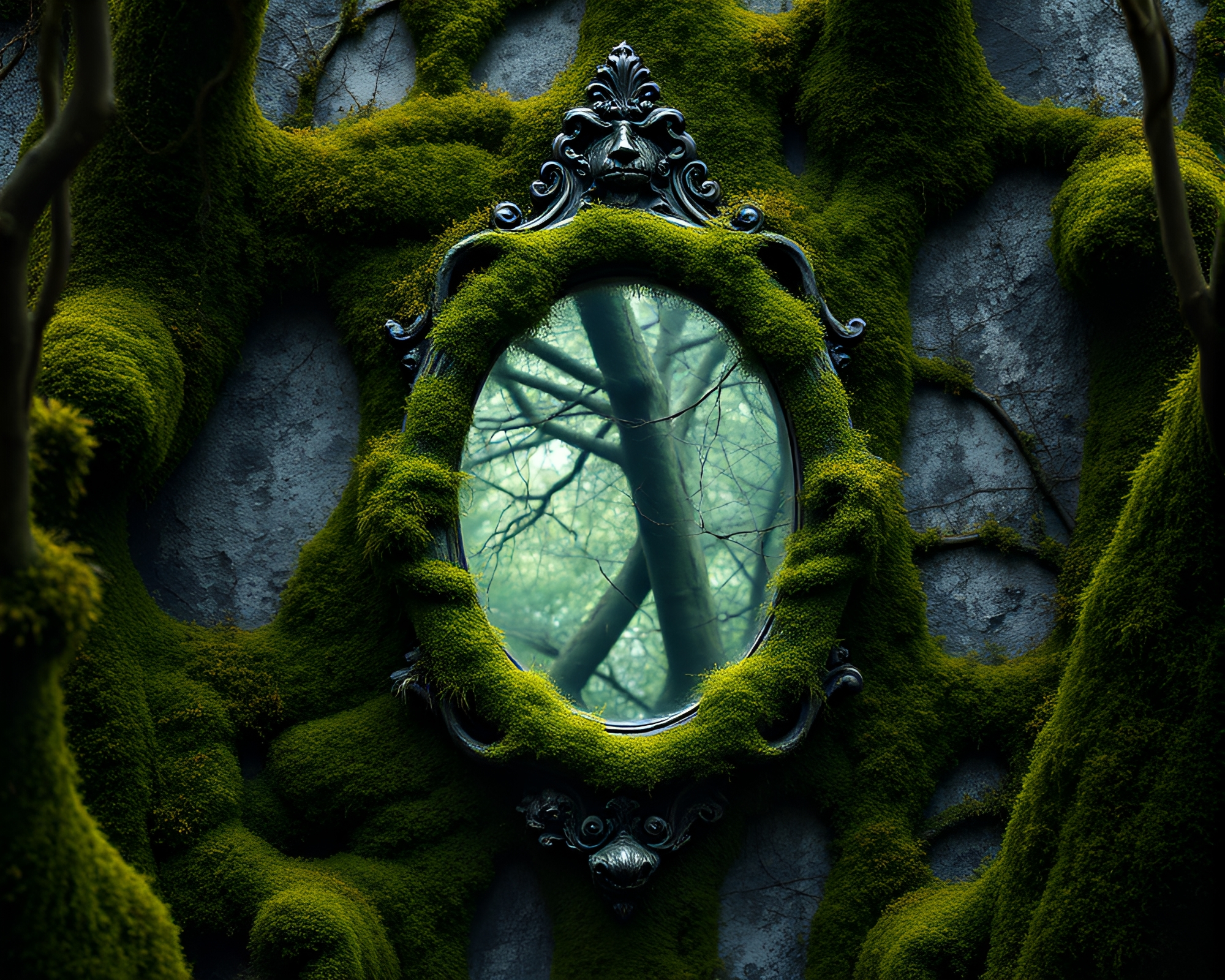 Moss-Covered Haunted Mirror in Golden Savannah Light – free AI stock image