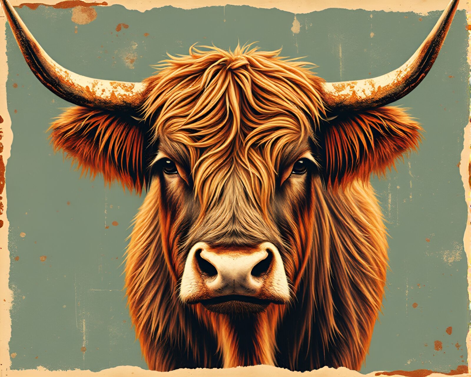 Vintage collage of Highland cow with rustic flake texture