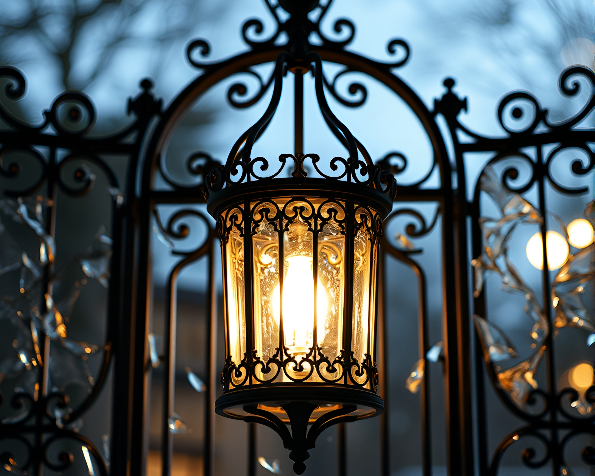 Enchanting Library Illumination Through Wrought Iron Gate – free AI stock image