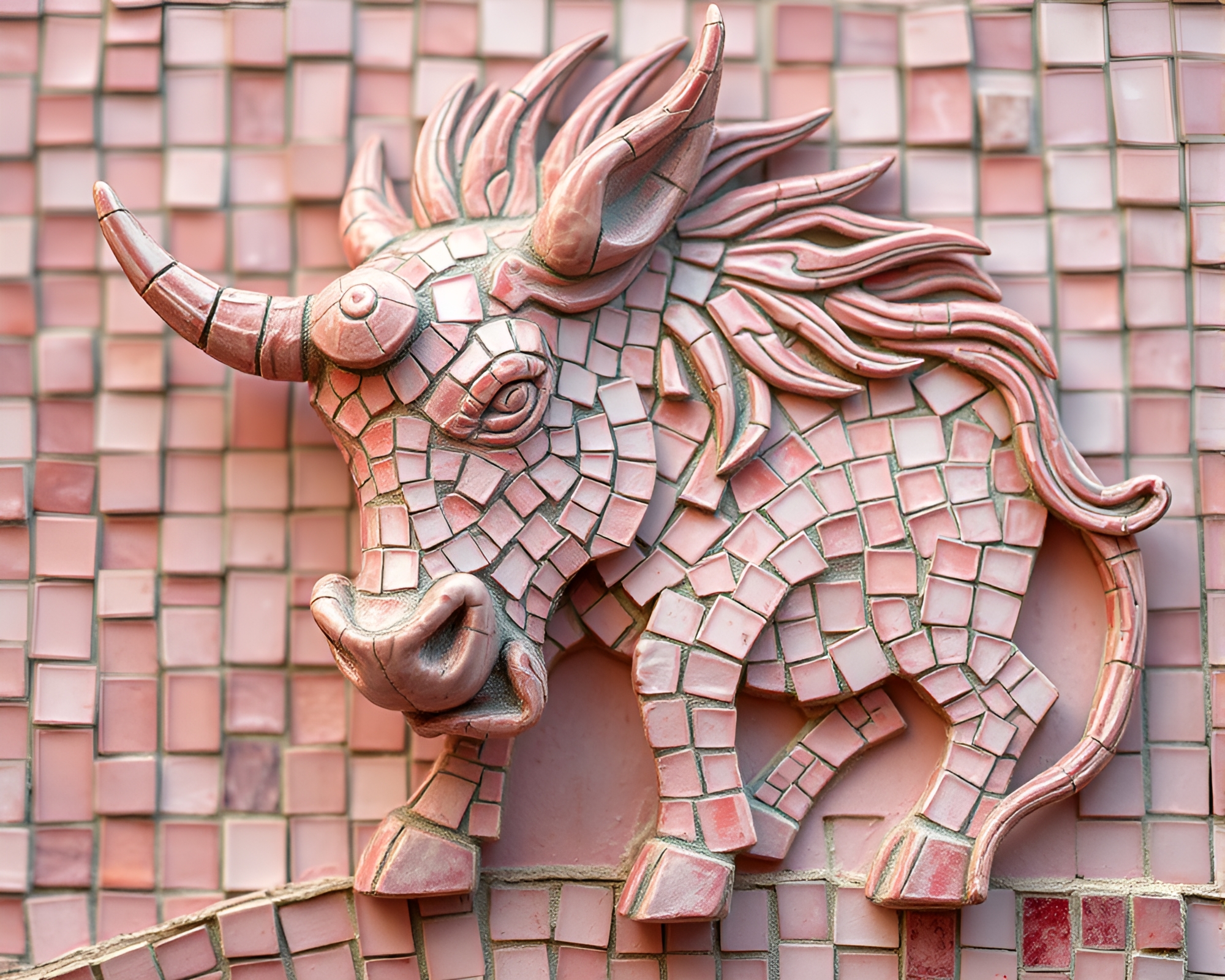 Enigmatic Minotaur Mosaic in Blush Pink Macro Photography – free AI stock image