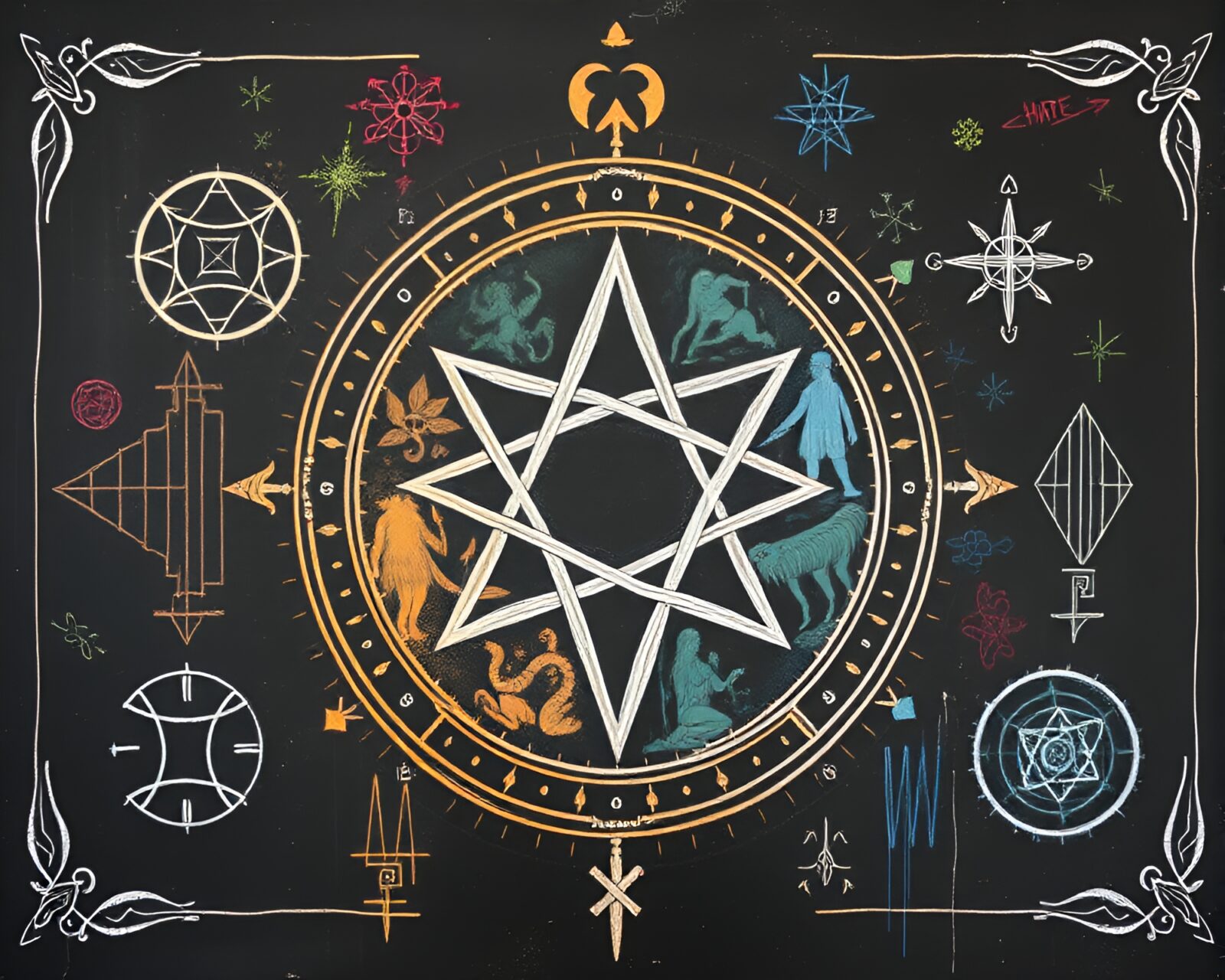 Lithographic artwork depicting mysterious alchemical symbols in analogous colors