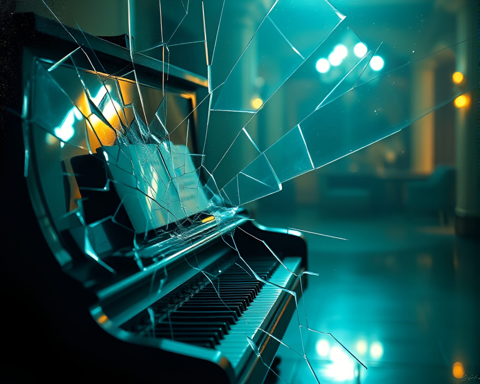 A mesmerizing light-painted piano reflected in turquoise broken glass