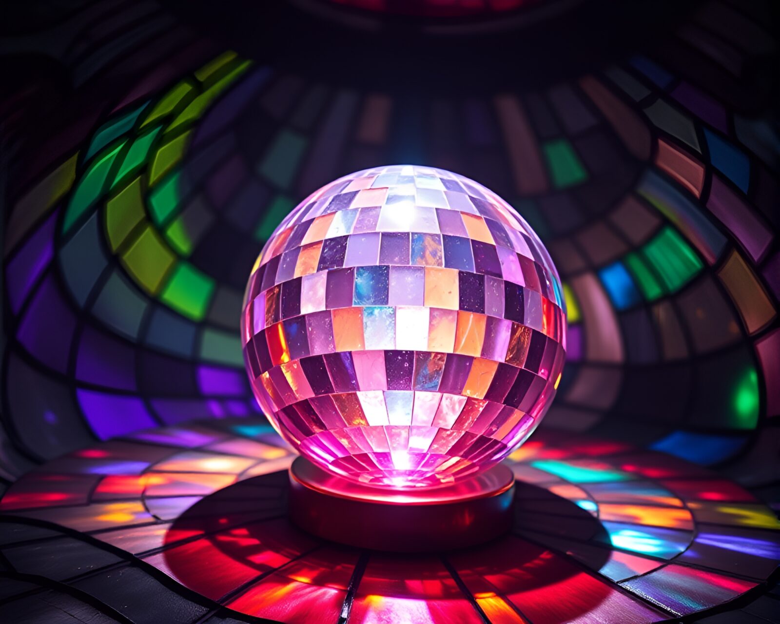 Twisting stained glass dome with disco ball glimmer