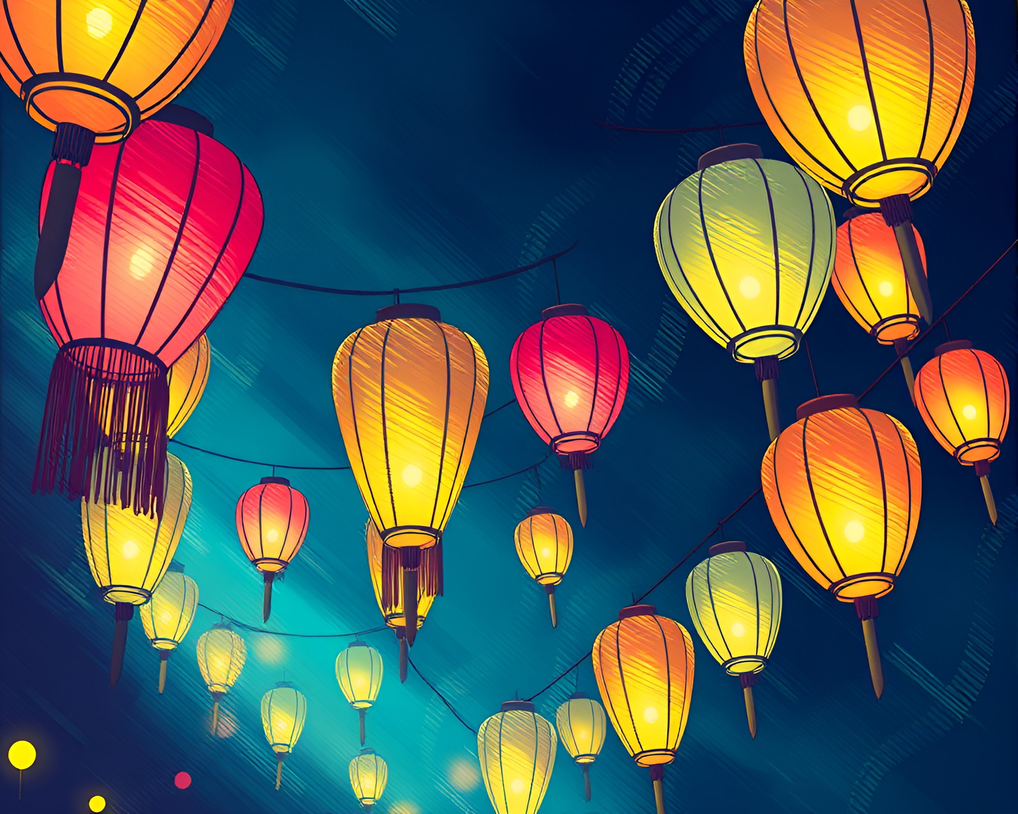 Vaporwave Floating Lanterns Illuminating Shading Strokes – free AI stock image
