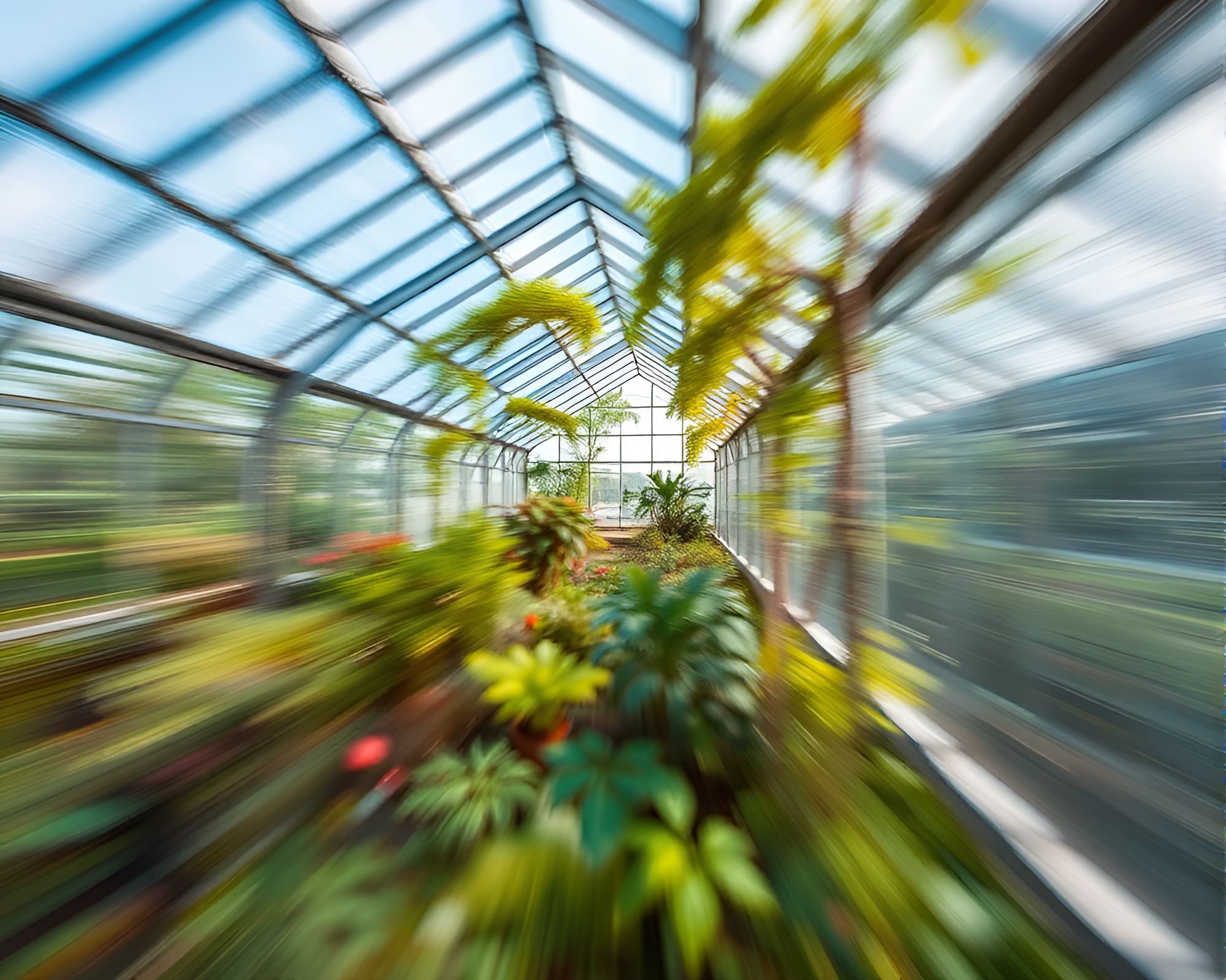 Digital Bloom: Glass Greenhouse Zoom Burst – free AI stock image