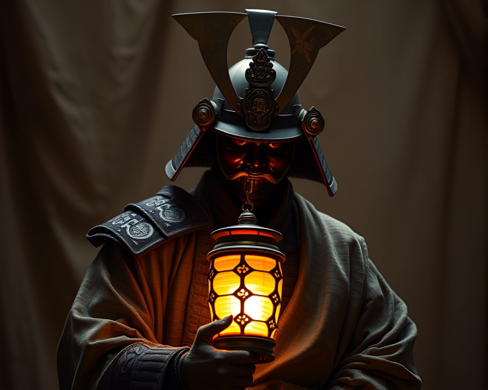 Impasto painting of samurai surrounded by lantern light and fabric folds