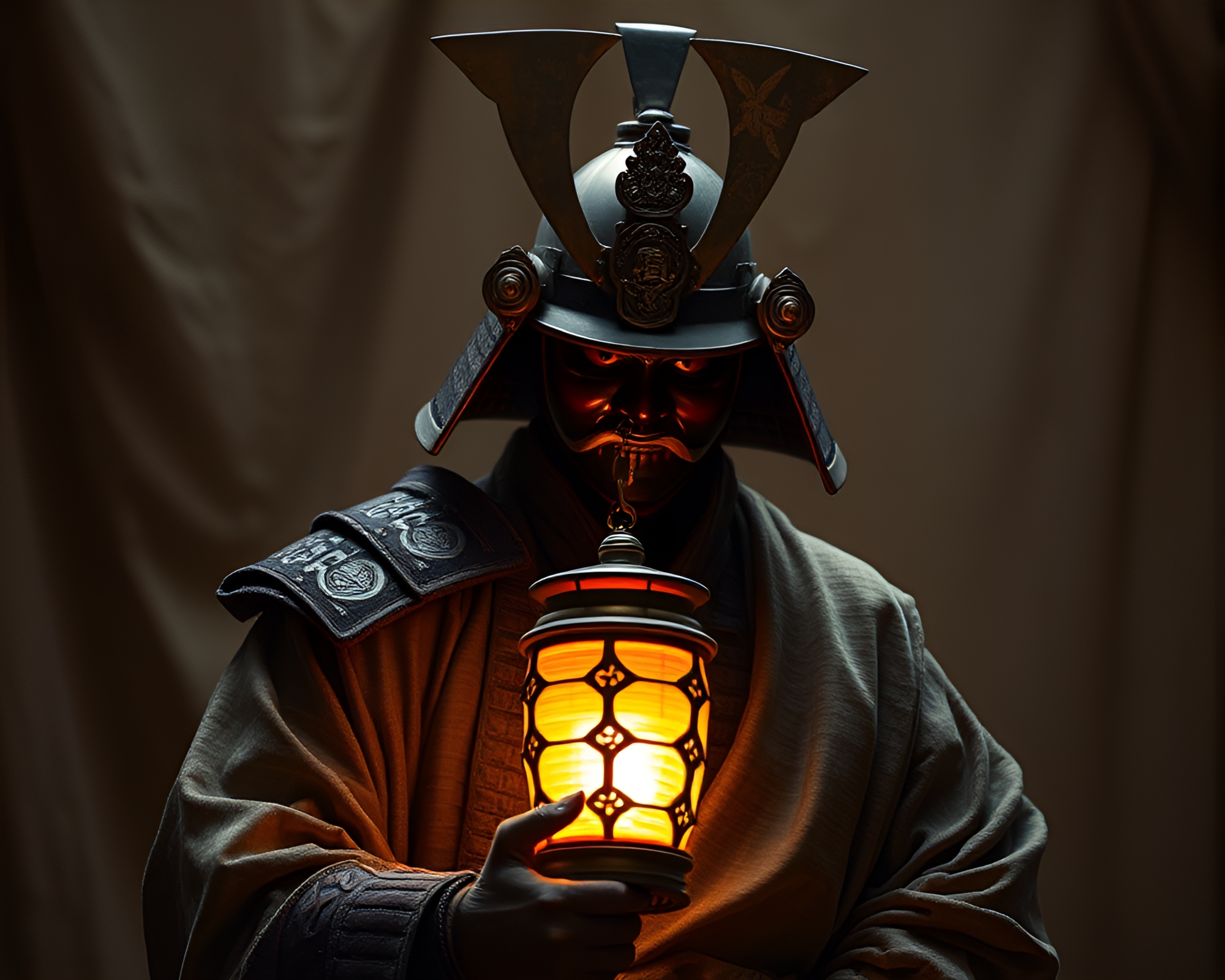 Samurai Warrior in Lantern-Lit Impasto Fabric Folds – free AI stock image
