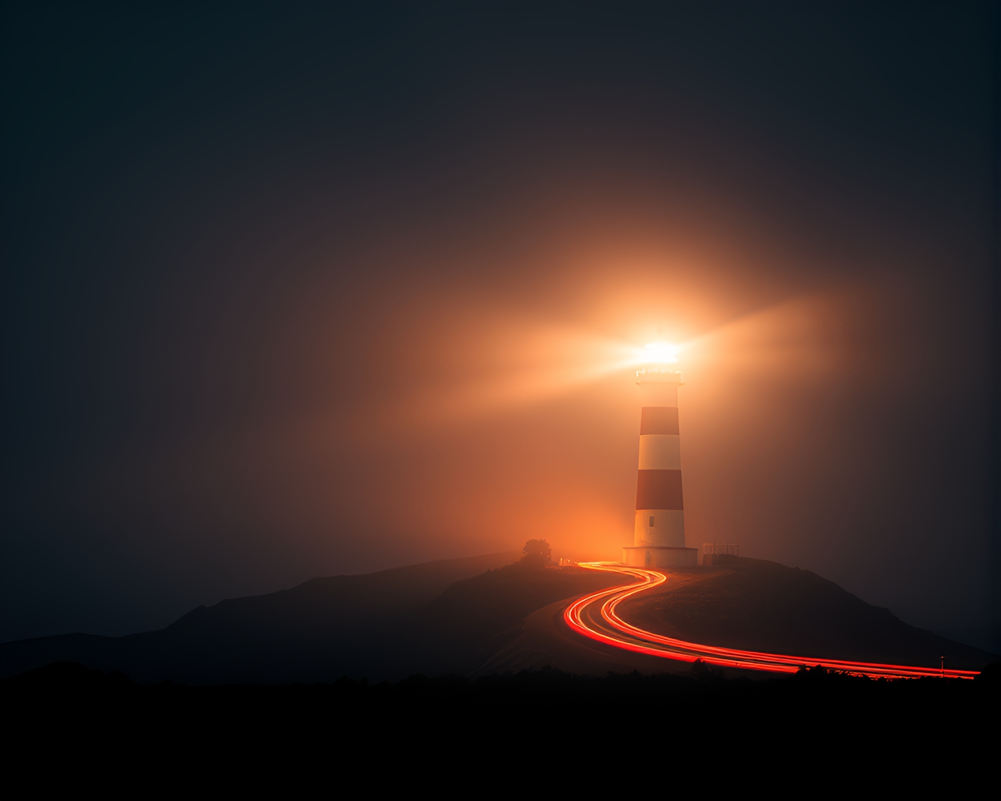 Lighthouse Illuminated by Car Light Trails – free AI stock image