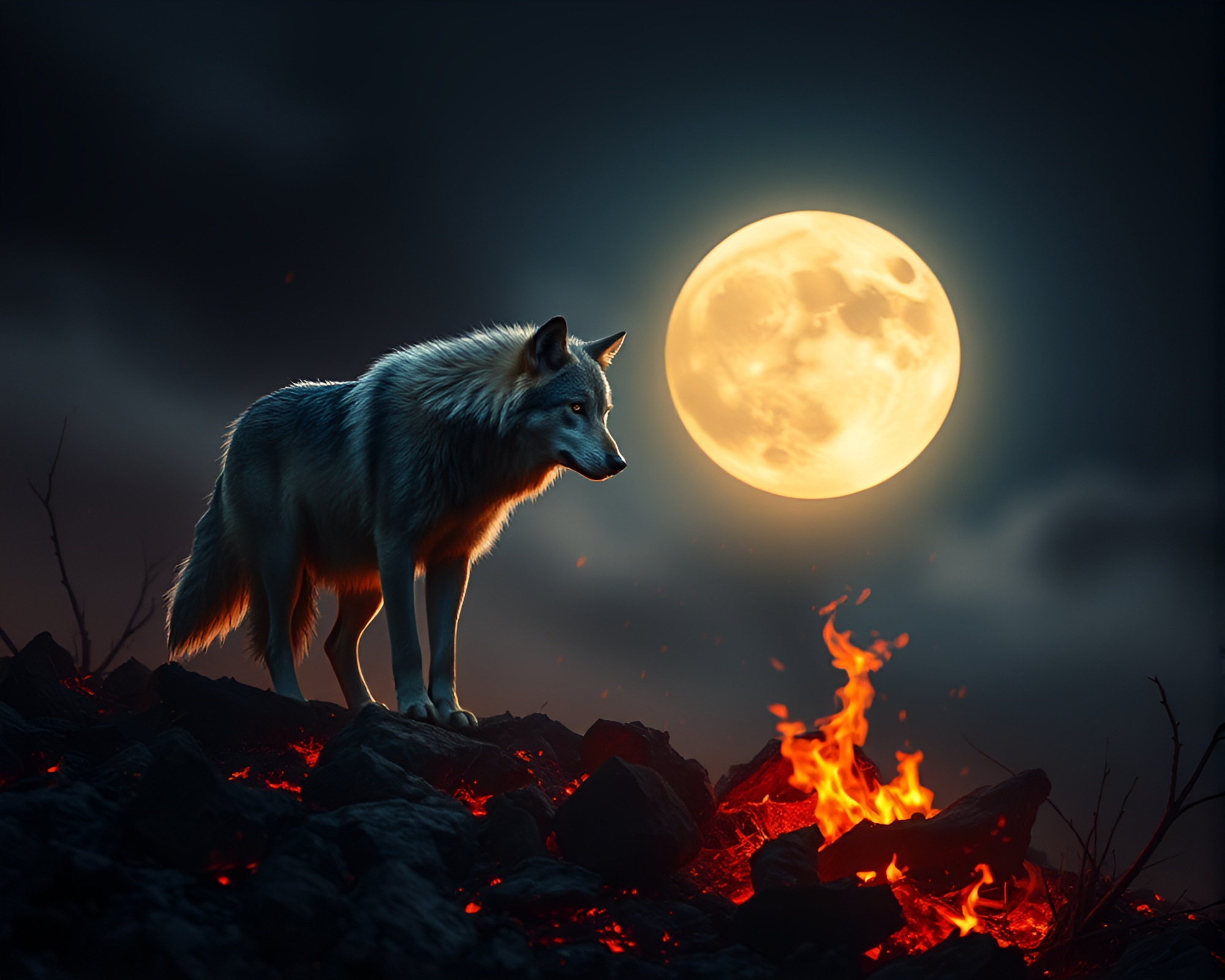 Moonlit Wolf’s Embers Dance in Brightness – free AI stock image