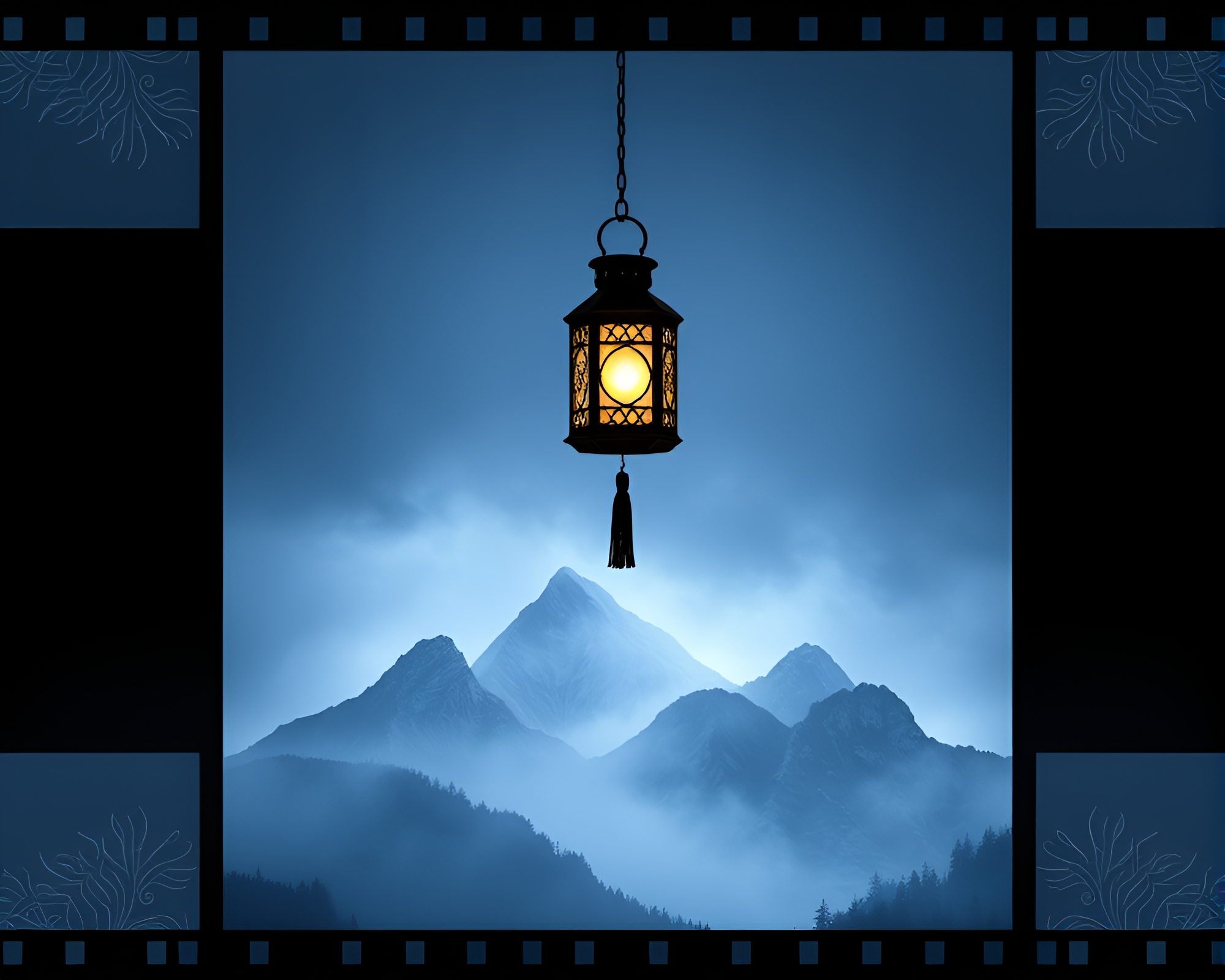 Mist-veiled Mountain Lantern Glow – free AI stock image