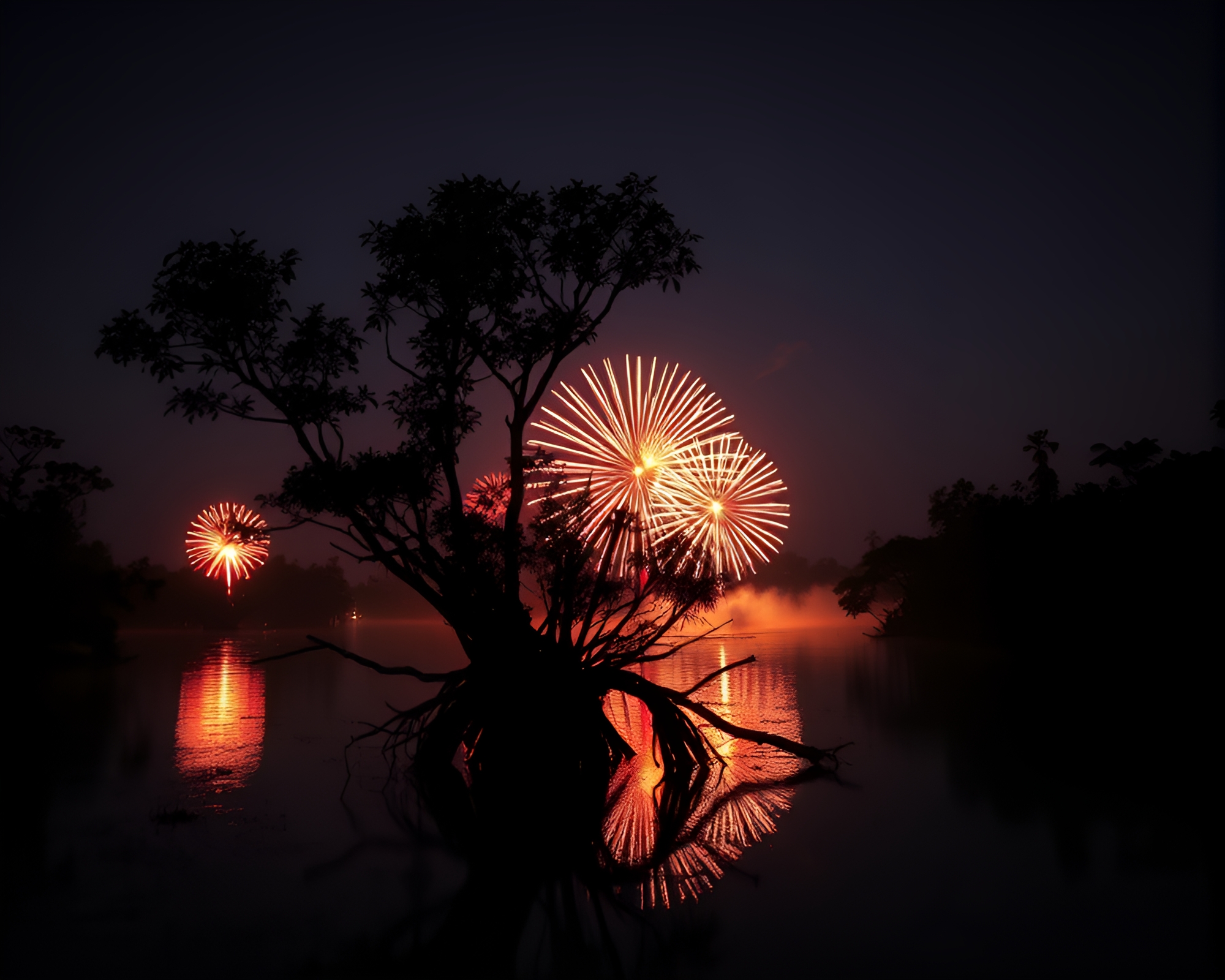Fireworks Festival in Mangrove Swamp Silhouette Art – free AI stock image