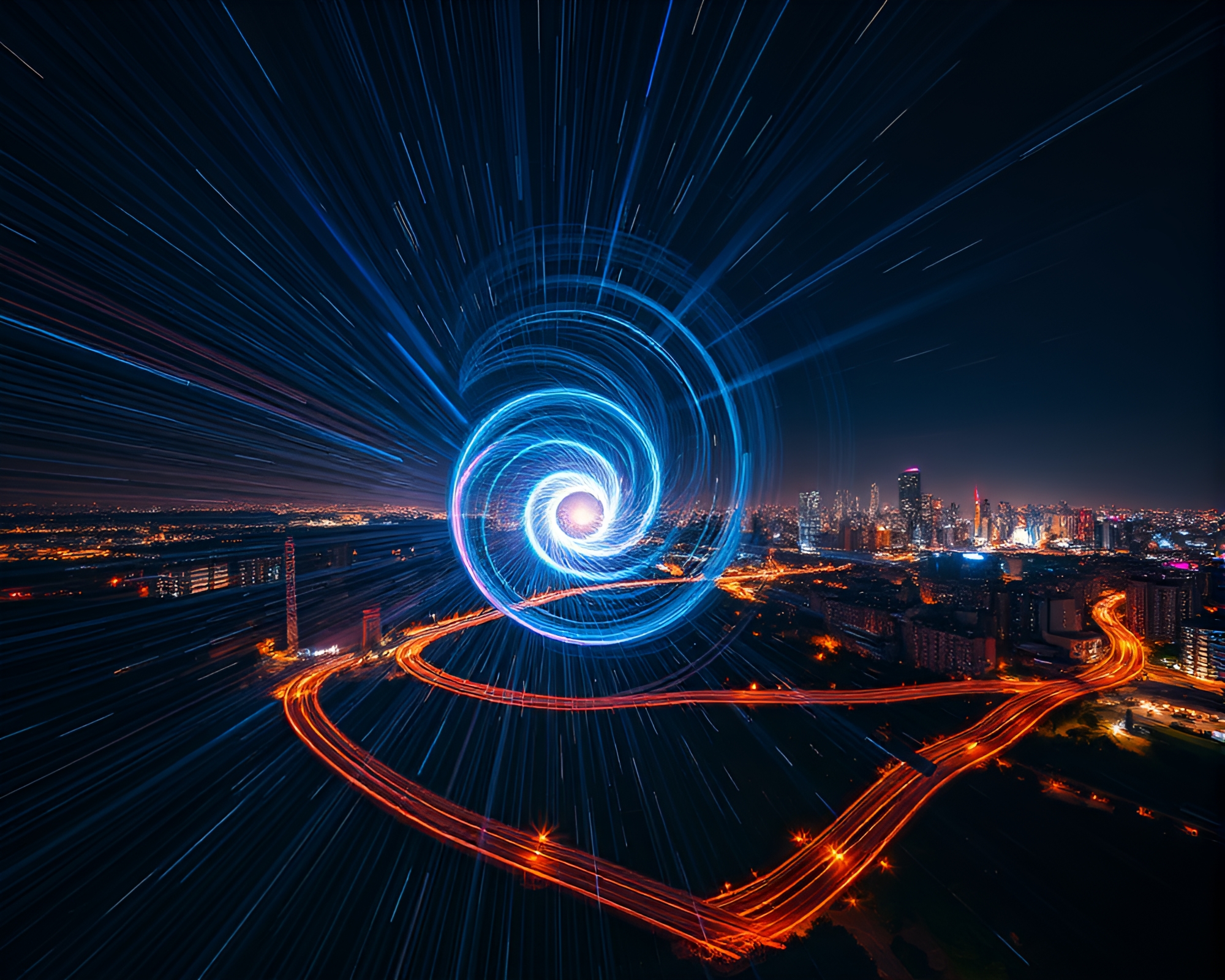 Fibonacci Spiral Plasma Rifle Illuminating City Night – free AI stock image