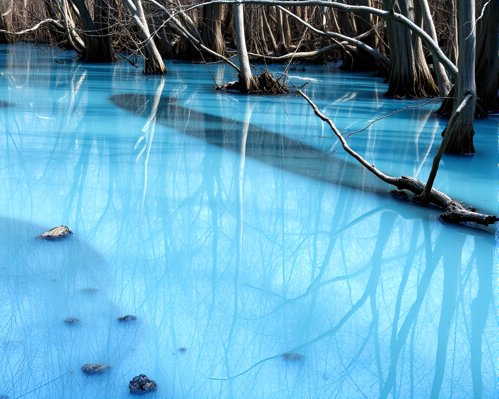 Ice-Blue Mangrove Swamp Reflection – free AI stock image