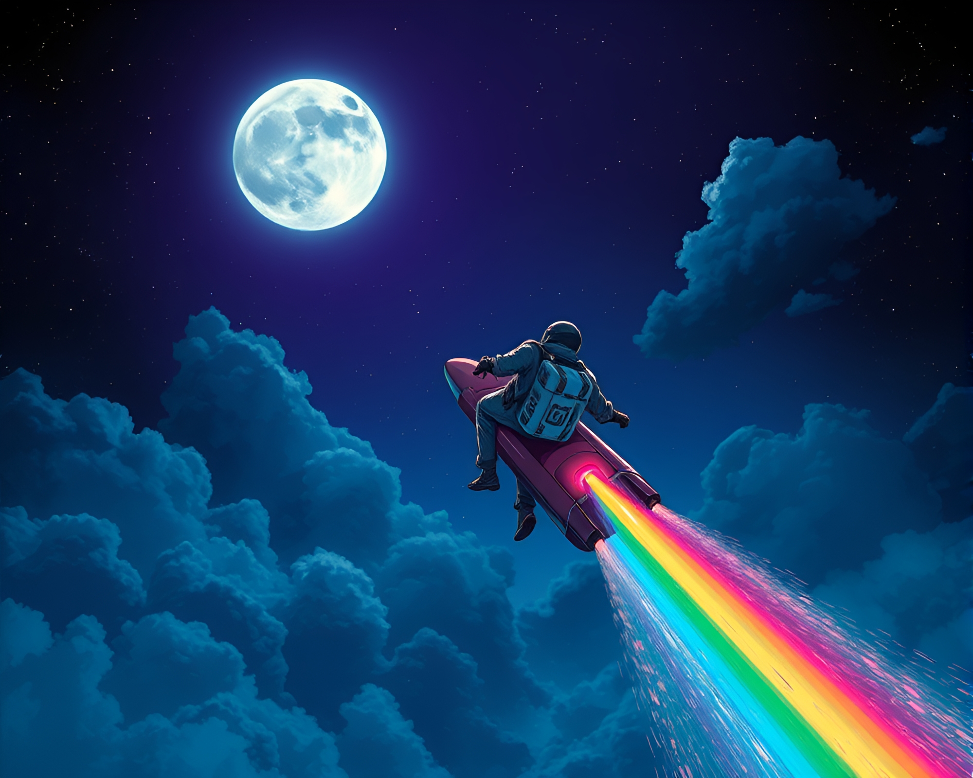 Moonlit Jetpack Flight Through Oil Slick Rainbow – free AI stock image