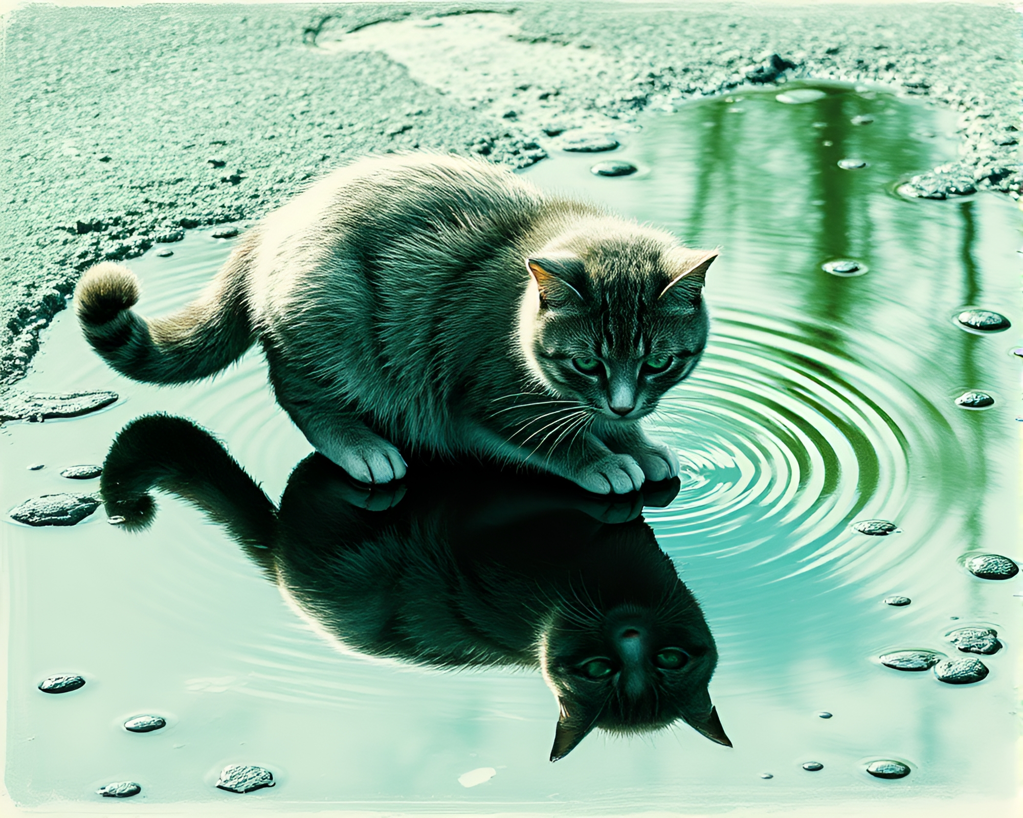Schrodinger’s Cat Puddle Reflection Etching – free AI stock image