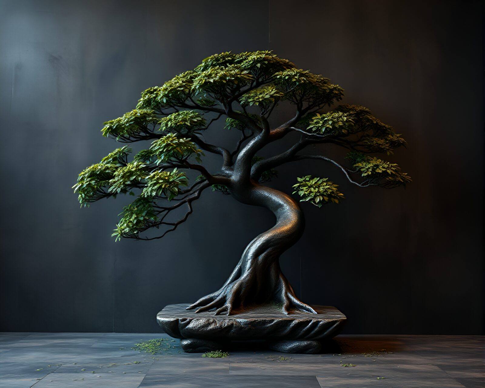 Gloomy basement scene with a glowing bonsai tree sculpture