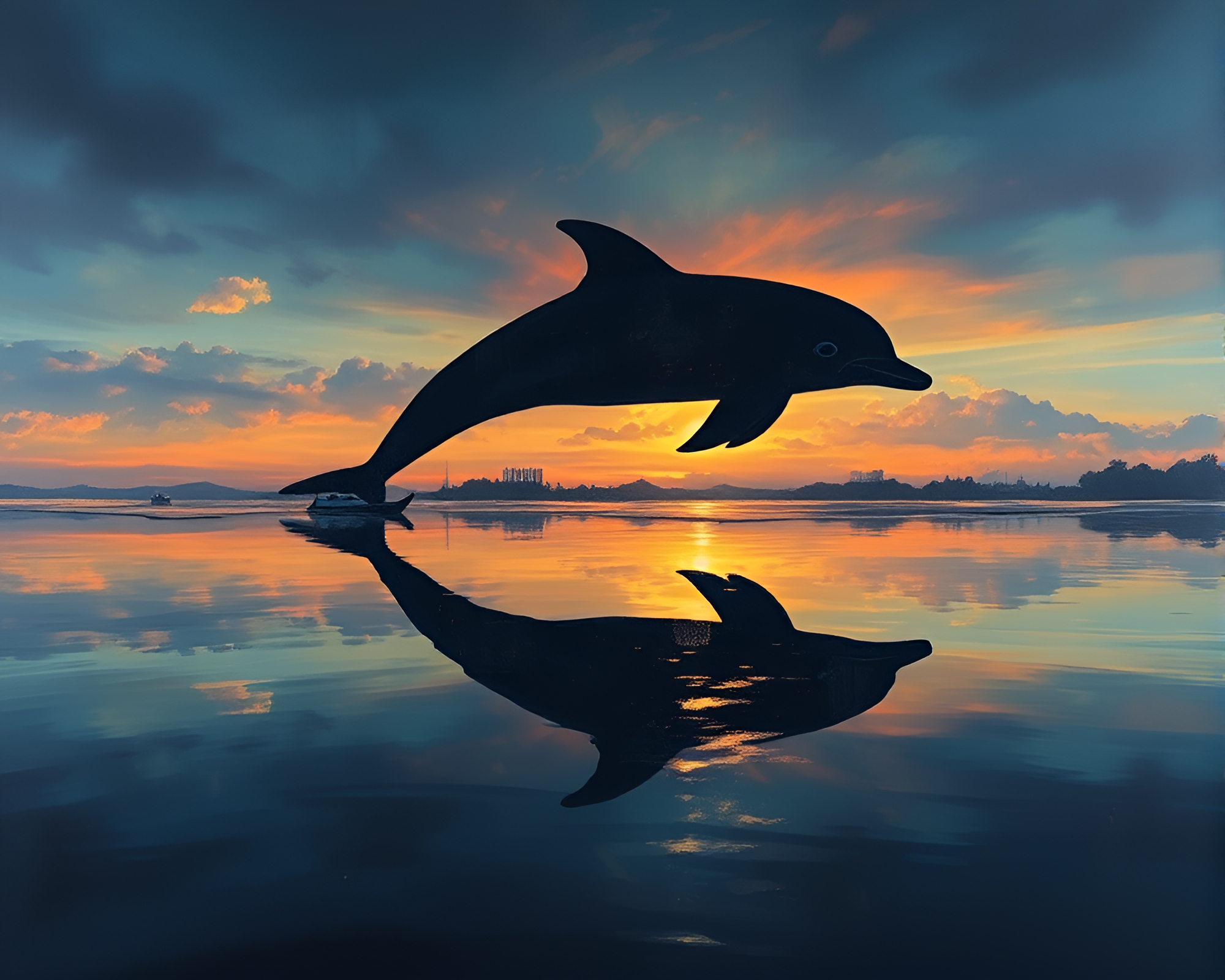 Enchanting Amazon River Dolphin Silhouette Reflection Painting – free AI stock image