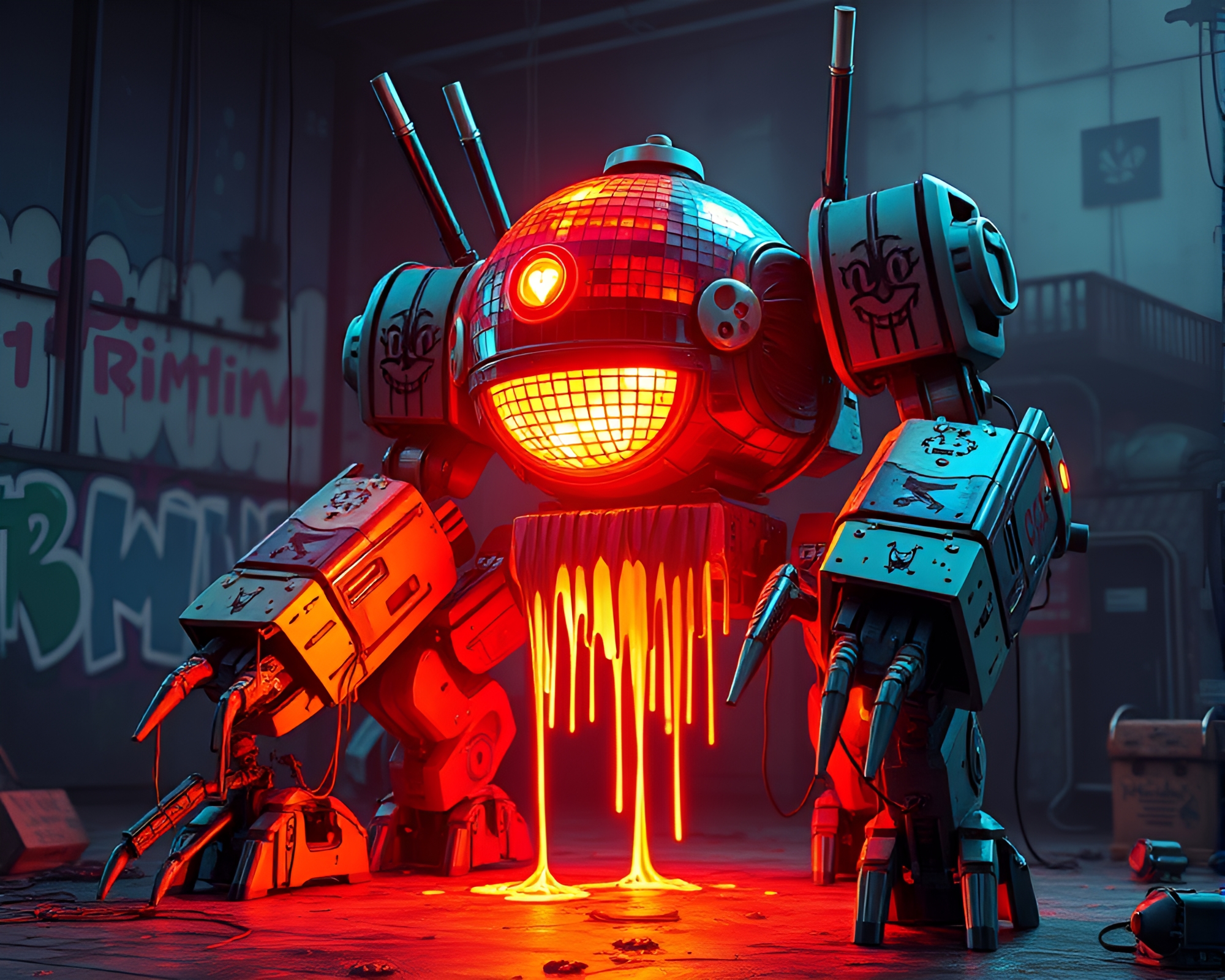Neon Battle Mech Graffiti Drips – free AI stock image