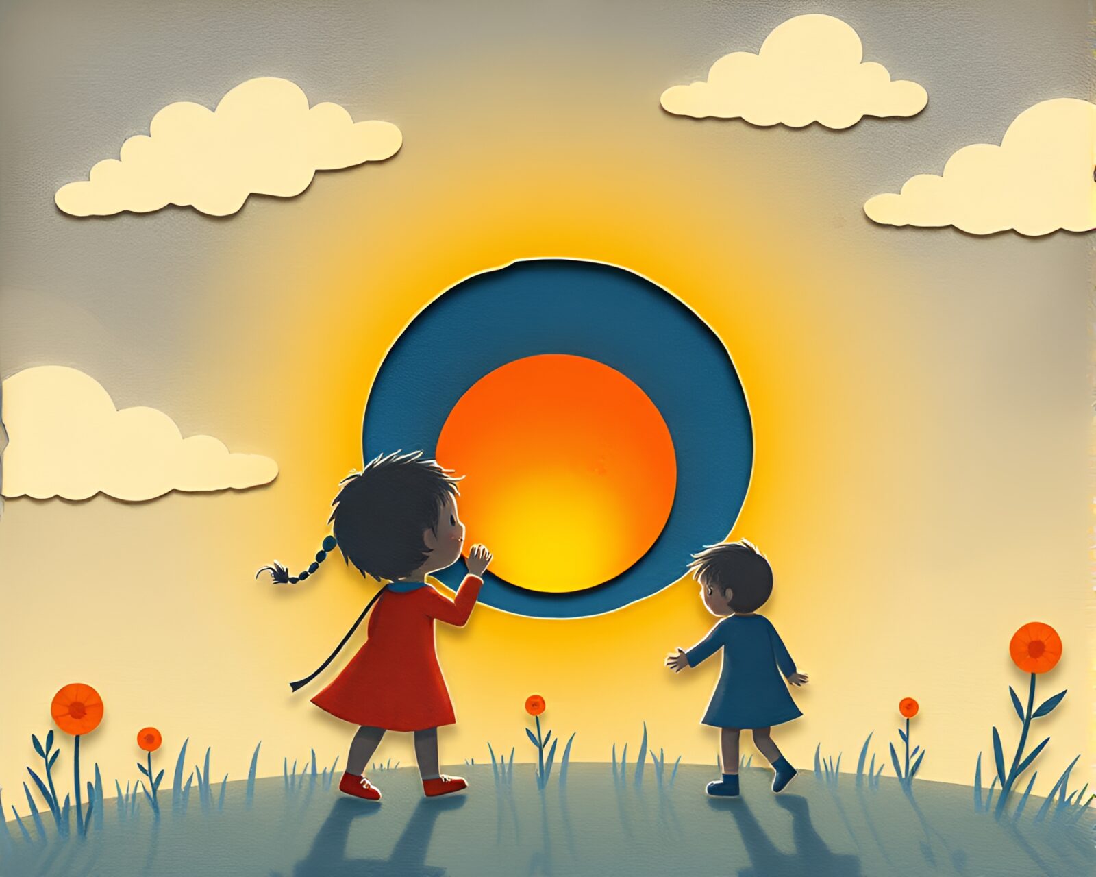 Children's book illustration of a solar eclipse through torn paper