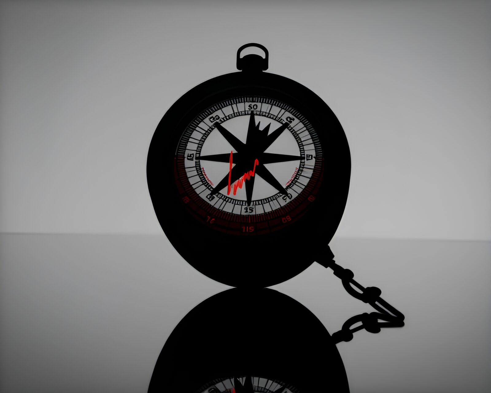 Silhouetted compass reflected in red data visualization style