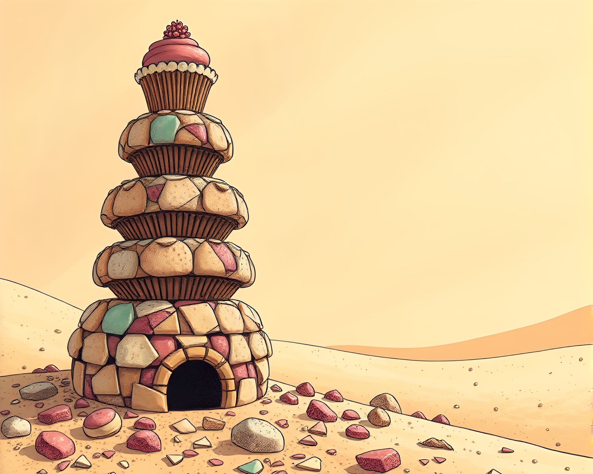 Cupcake Tower Mosaic in Manga Desert-Sand Hues – free AI stock image