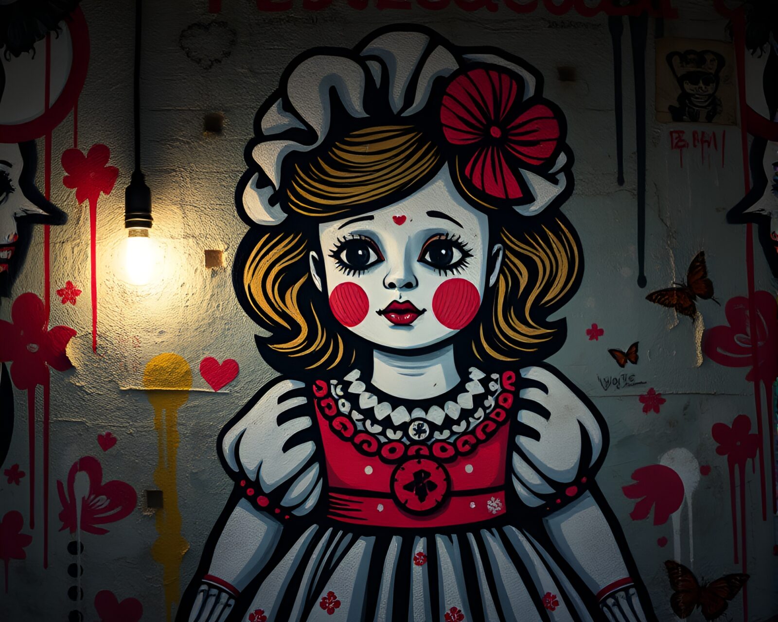 Artistic graffiti of a porcelain doll with ethereal lighting