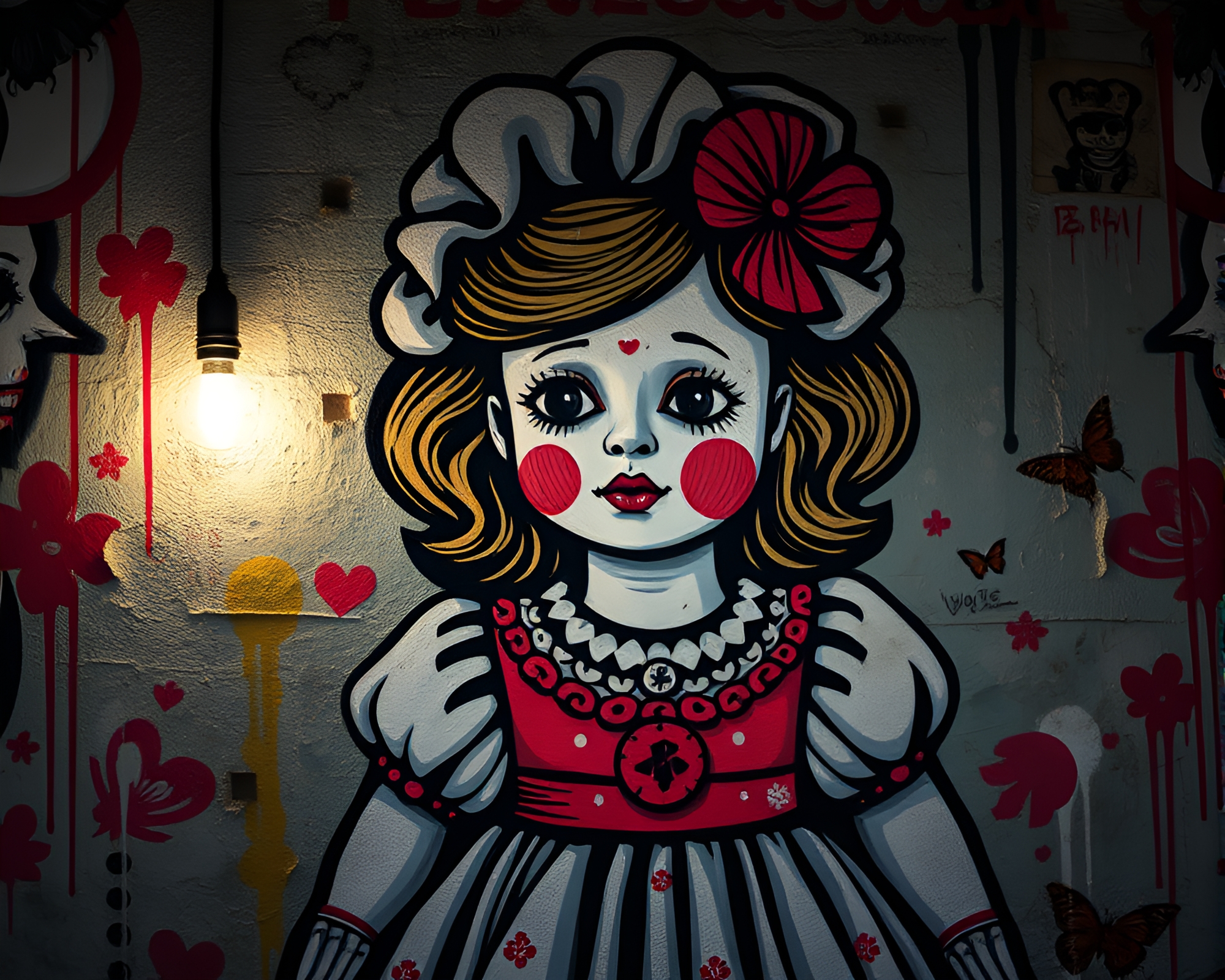Skeuomorphic Porcelain Doll Mural with Light Leaks – free AI stock image